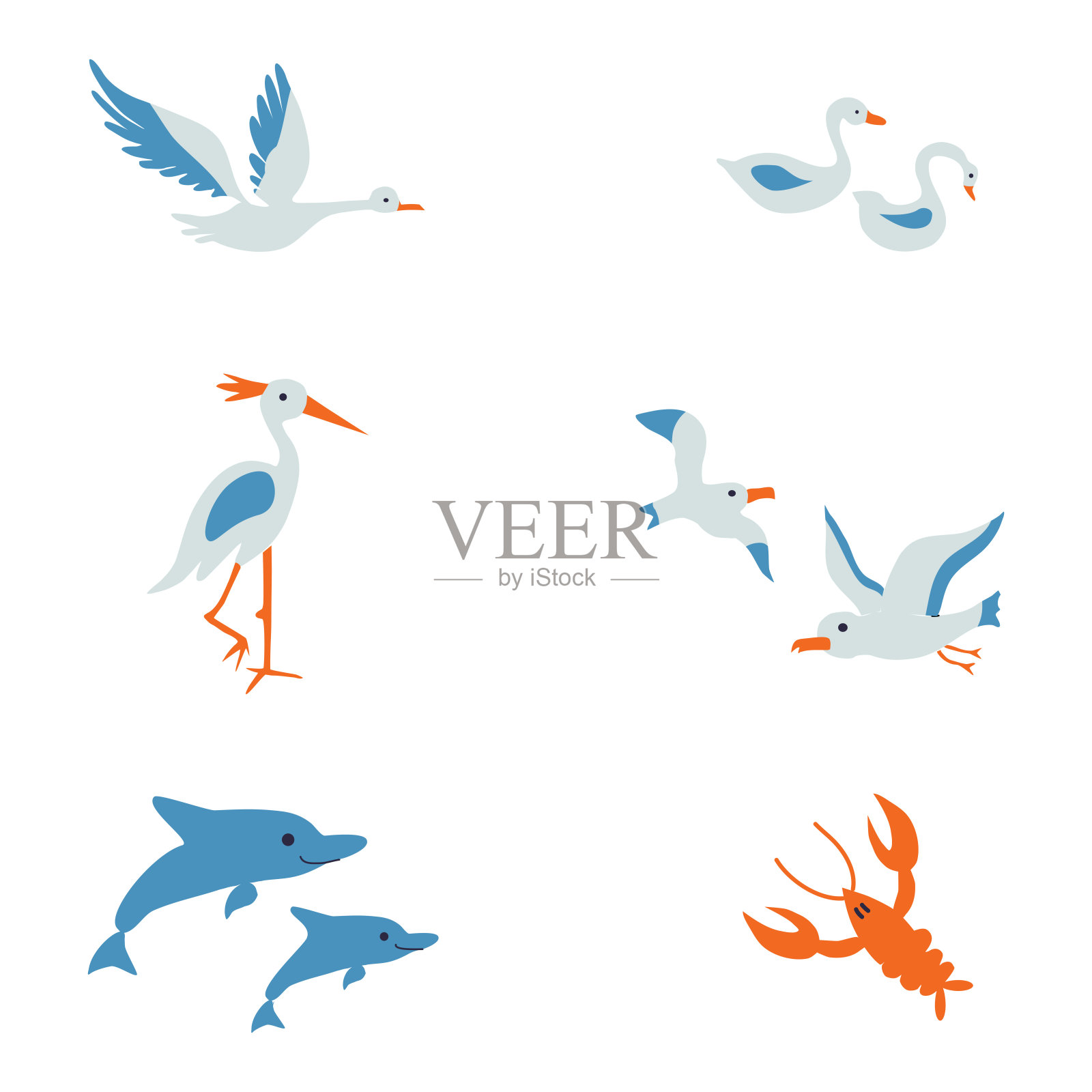 一套动物矢量卡通插图孤立在白色简单的平面符号禽，彩色剪影图标鸟，海豚，癌症，天鹅，苍鹭装饰哺乳动物标志设计动物园字母表，地图插画图片素材