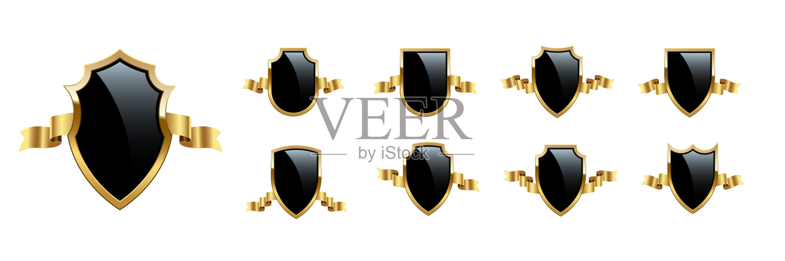 黑色盾牌与金色框架和丝带矢量设置为徽章，徽章，标签。皇家中世纪军事装甲收集孤立的白色背景。战争战利品，纹章标志插画图片素材