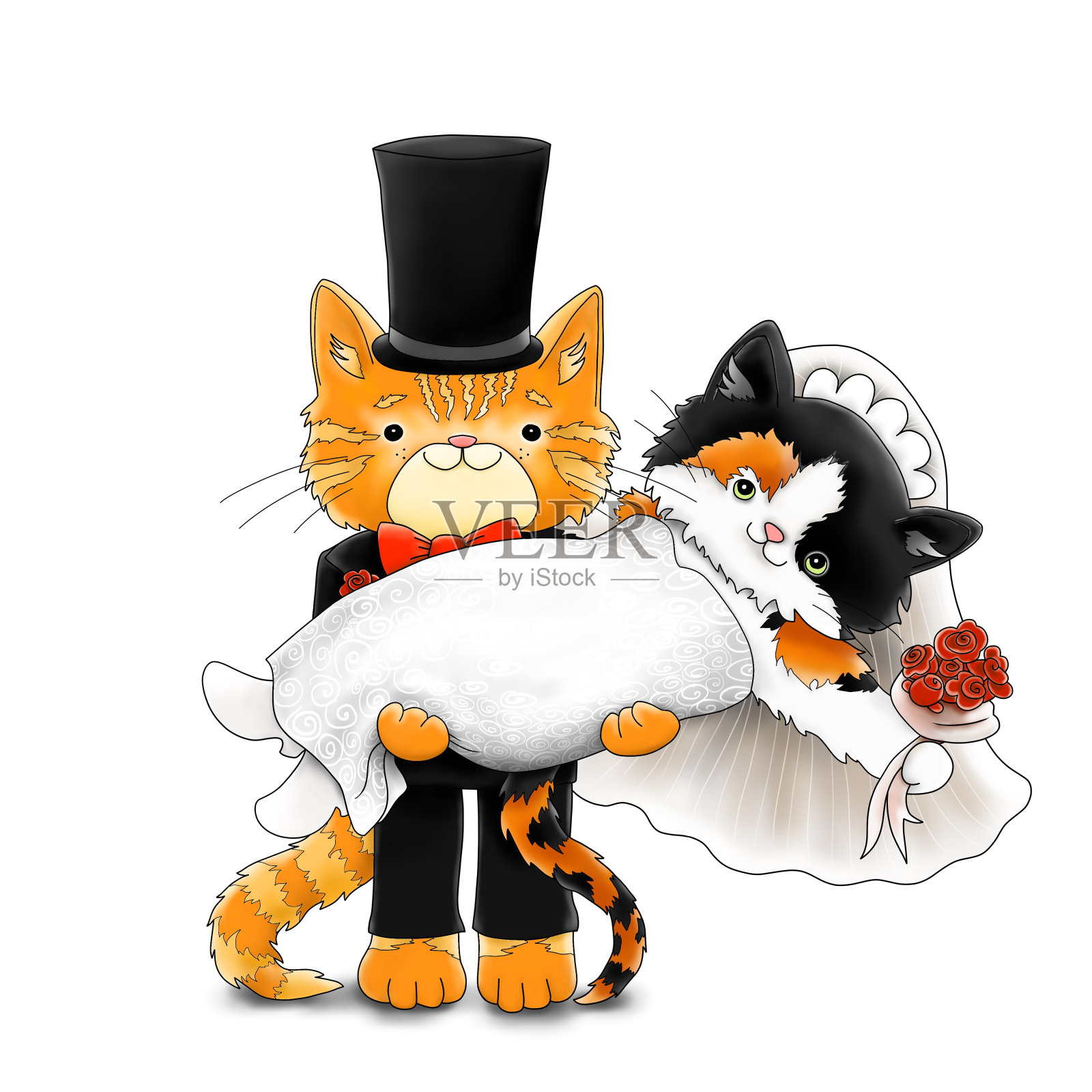 可爱的卡通新娘和新郎虎斑猫插画图片素材