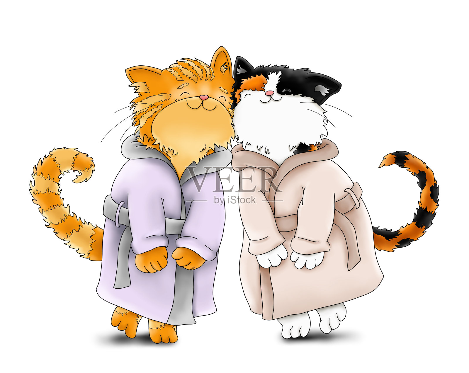 穿着浴袍的可爱卡通情侣猫插画图片素材