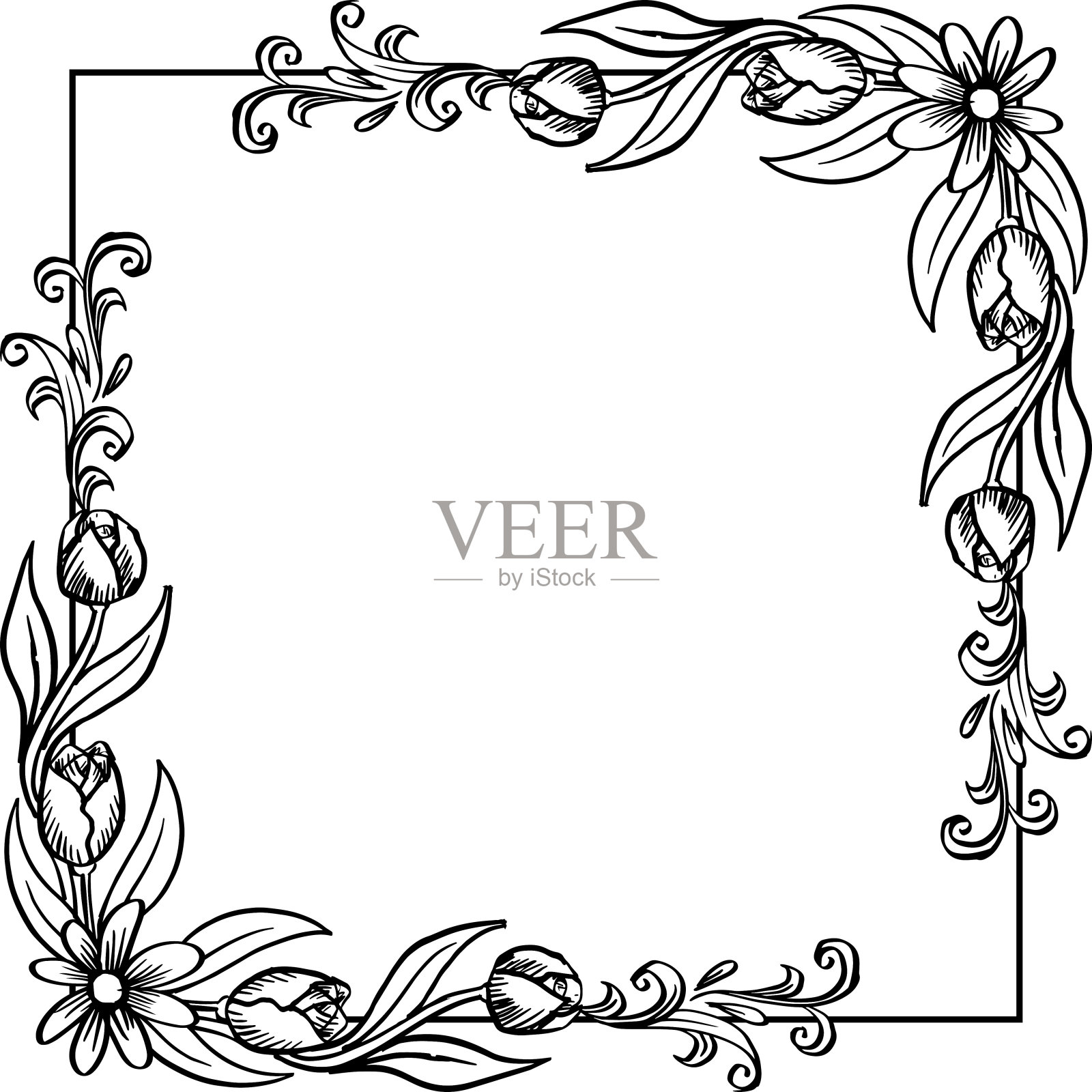 框架装饰的花朵矢量插图在黑色和白色。插画图片素材