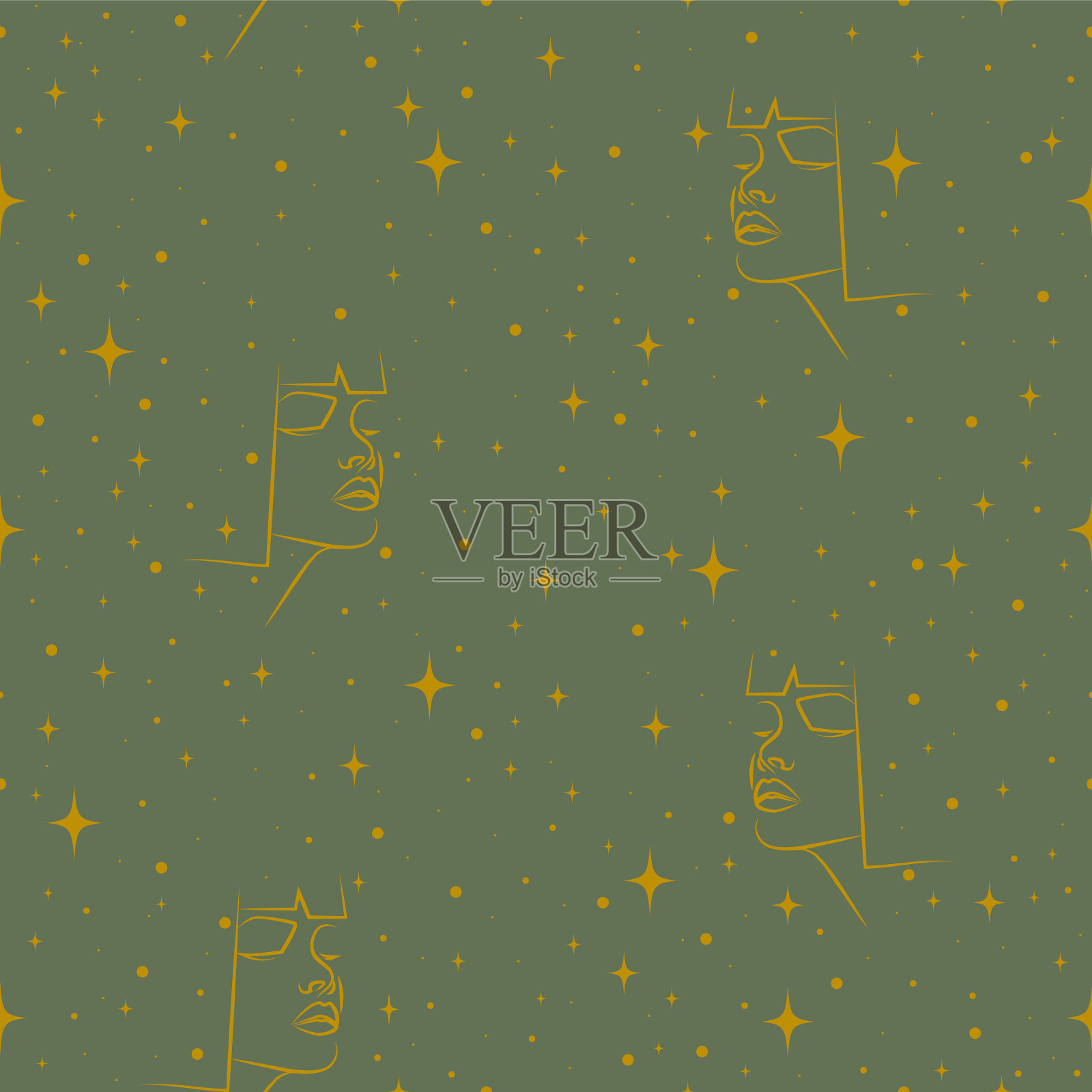 连续线条绘制的女性面部图案。审美复古极简的黄绿色矢量插图插画图片素材