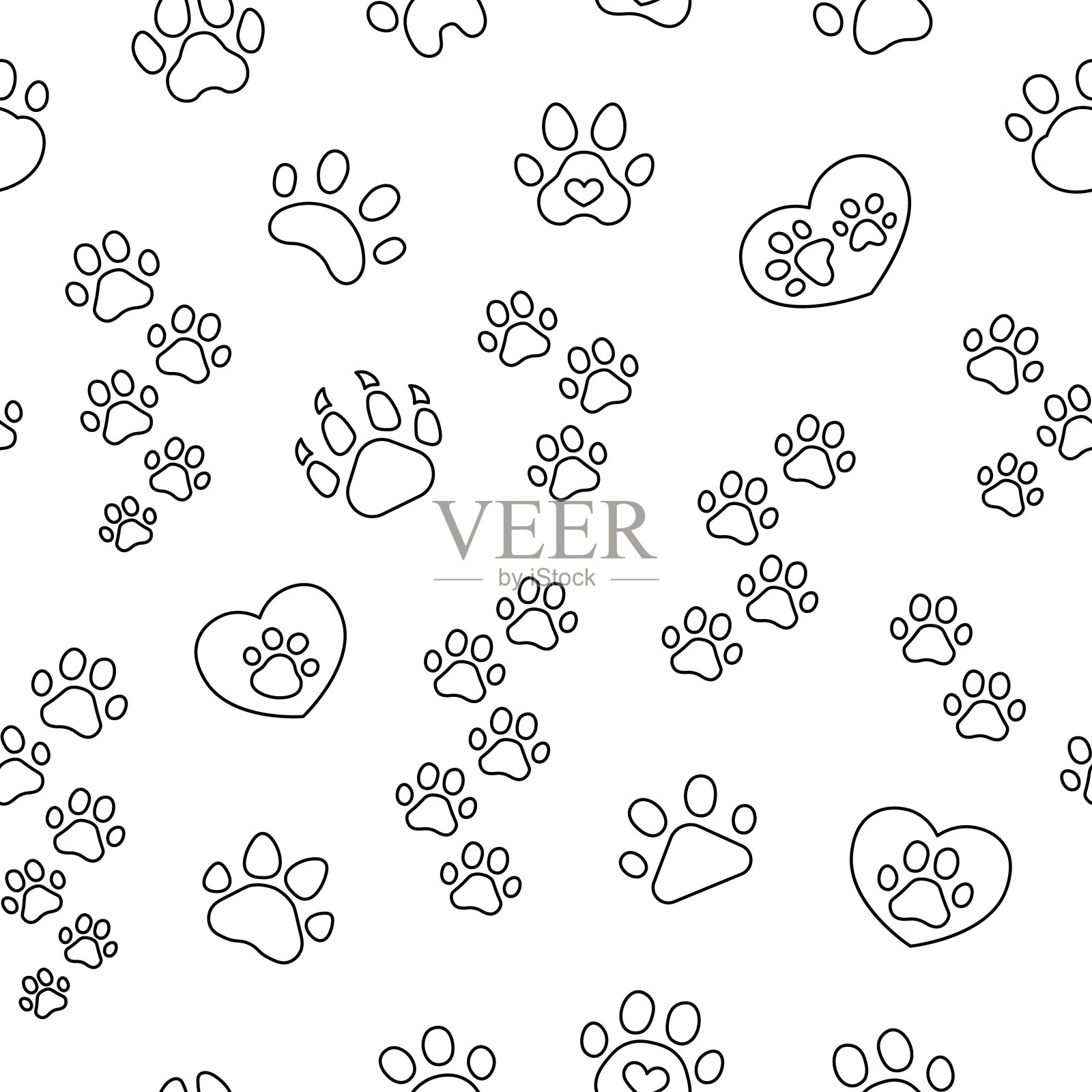 狗或猫的爪印。无缝模式。着色页面。动物的脚印。手绘风格。矢量图。设计的饰品。插画图片素材