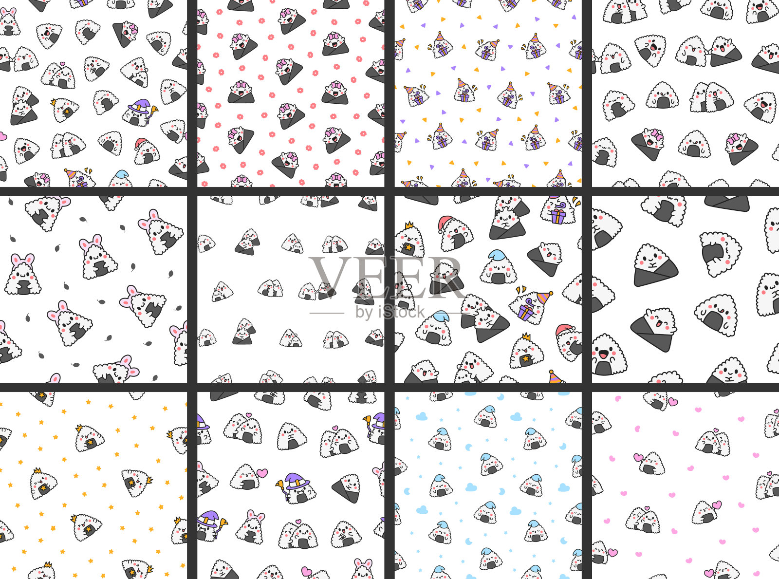 可爱的卡哇伊饭团。无缝模式。有趣的寿司卡通人物。亚洲大米和海苔食物。手绘风格。矢量图。收集设计饰品。插画图片素材