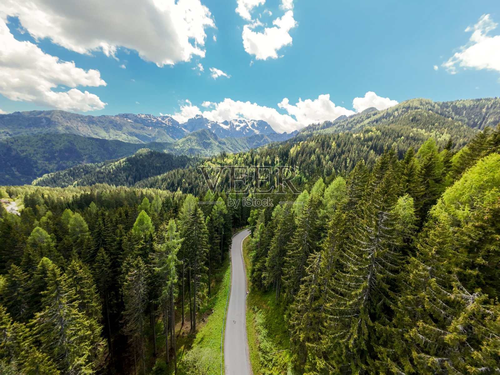 松林中山路的空中FPV视图，背景为山脉照片摄影图片