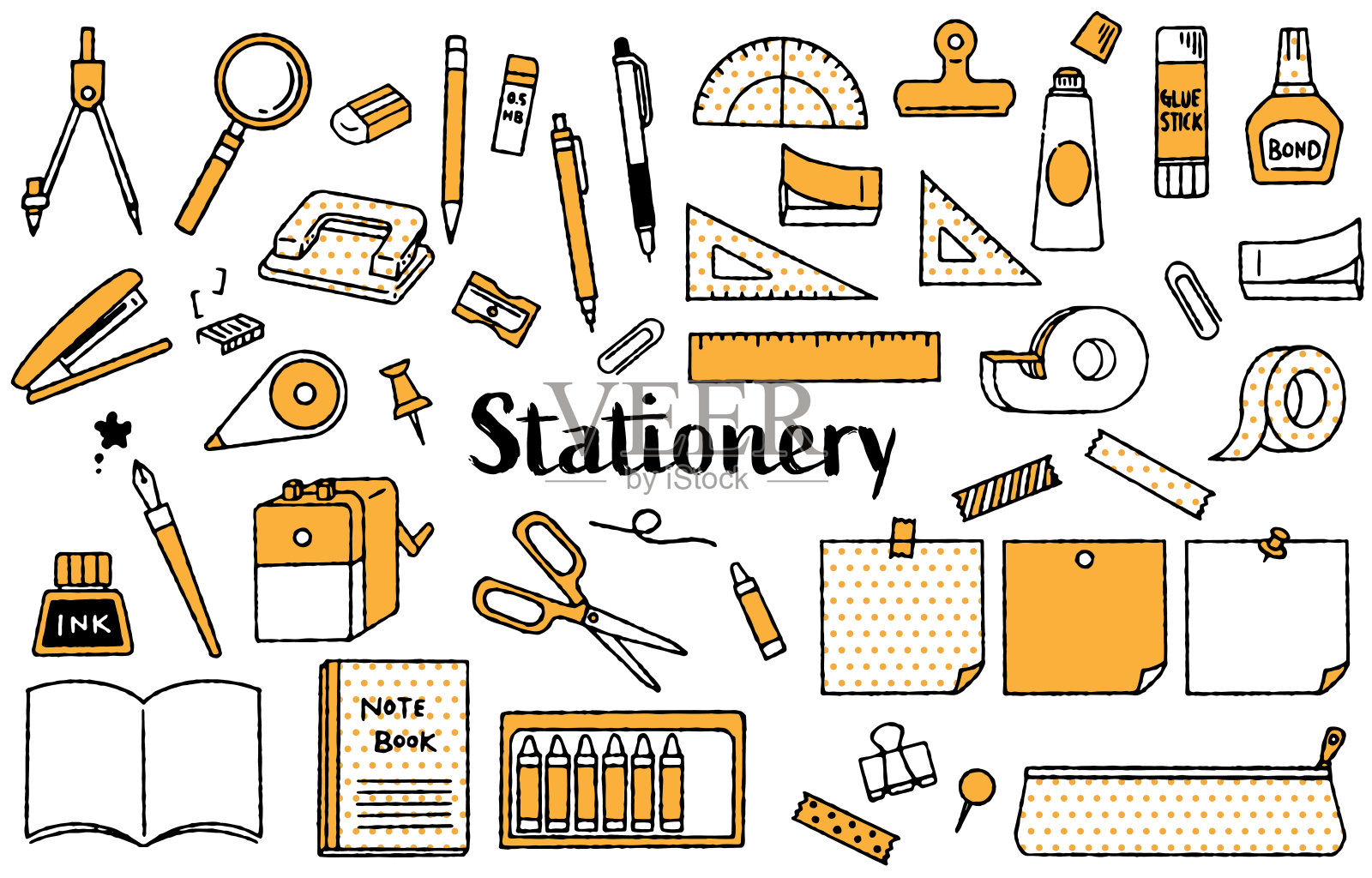 手绘可爱文具插画套装(双色)插画图片素材