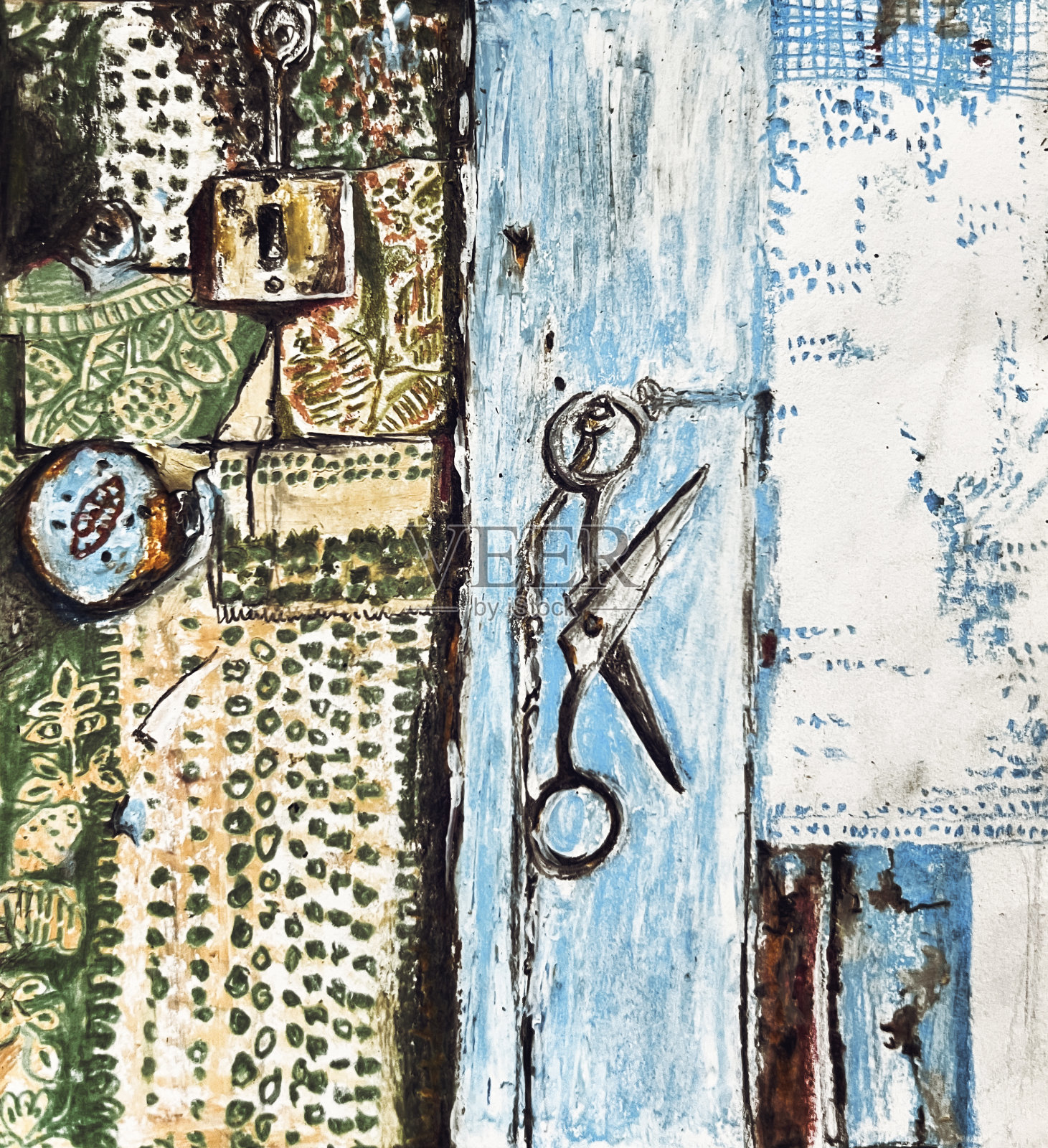 剪刀的插图，背景是旧墙纸插画图片素材