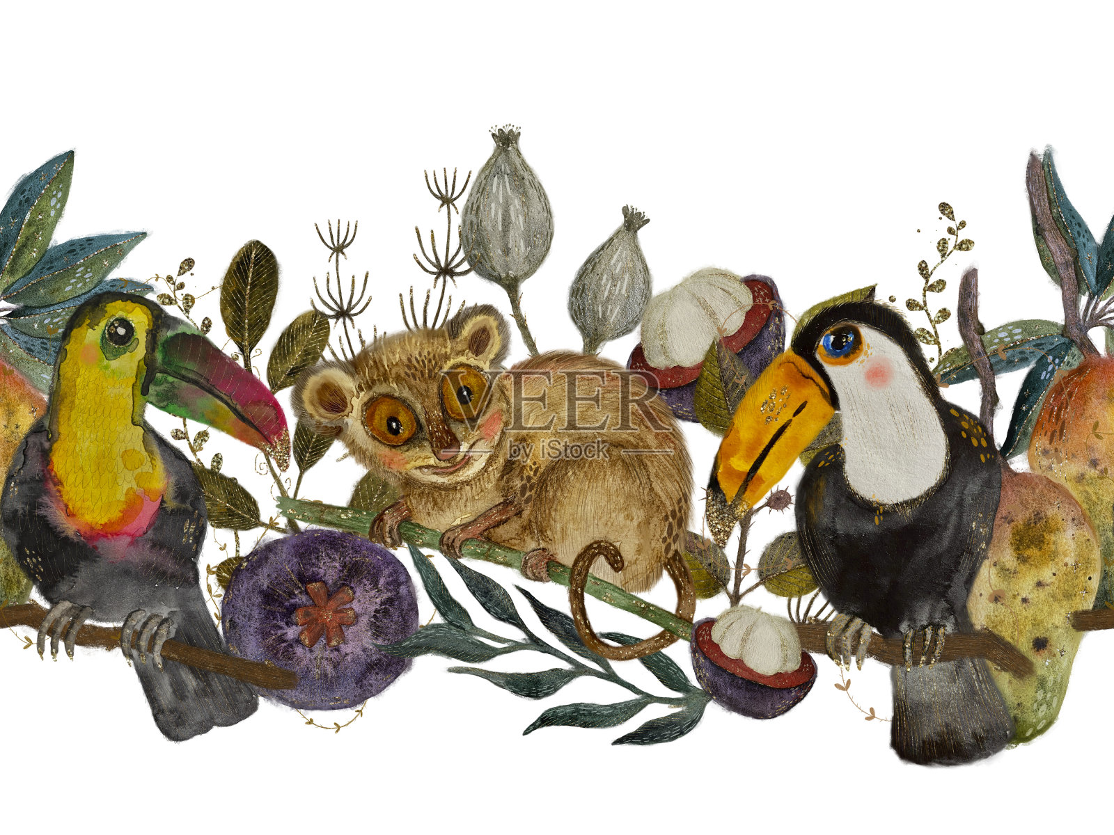 热带水彩野生动物框架与异国情调的鸟类和动物，郁郁葱葱的绿色，和充满活力的颜色插画图片素材