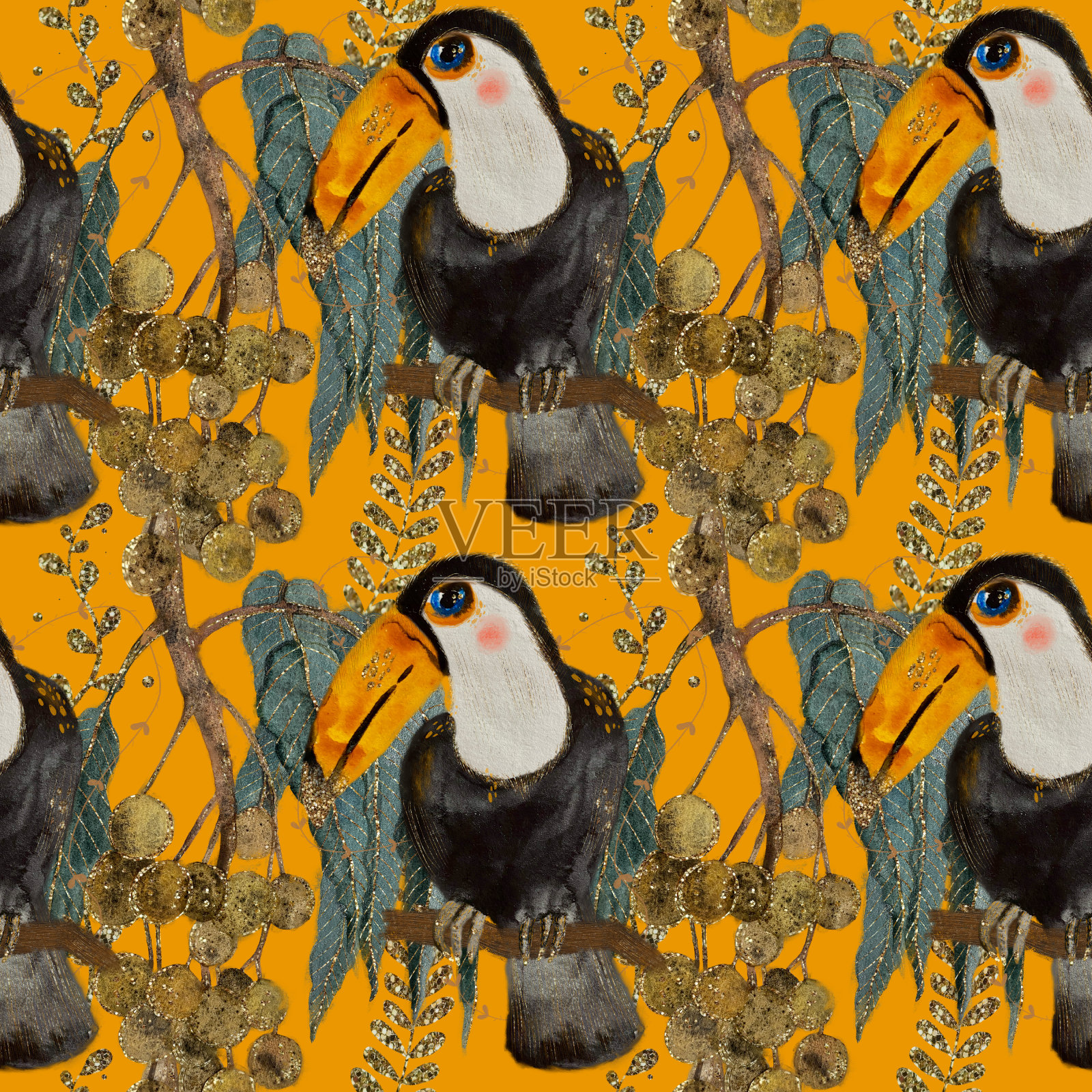 大型彩色巨嘴鸟和热带植物，无缝水彩雨林图案暗黄色背景插画图片素材