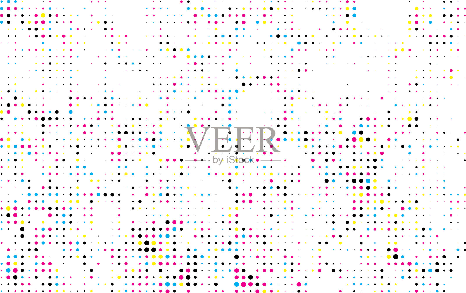 白色背景上的cmyk彩色点的大圆圈，彩色背景上的彩色点，cmyk点效果，白色背景上的彩色点的图案插画图片素材