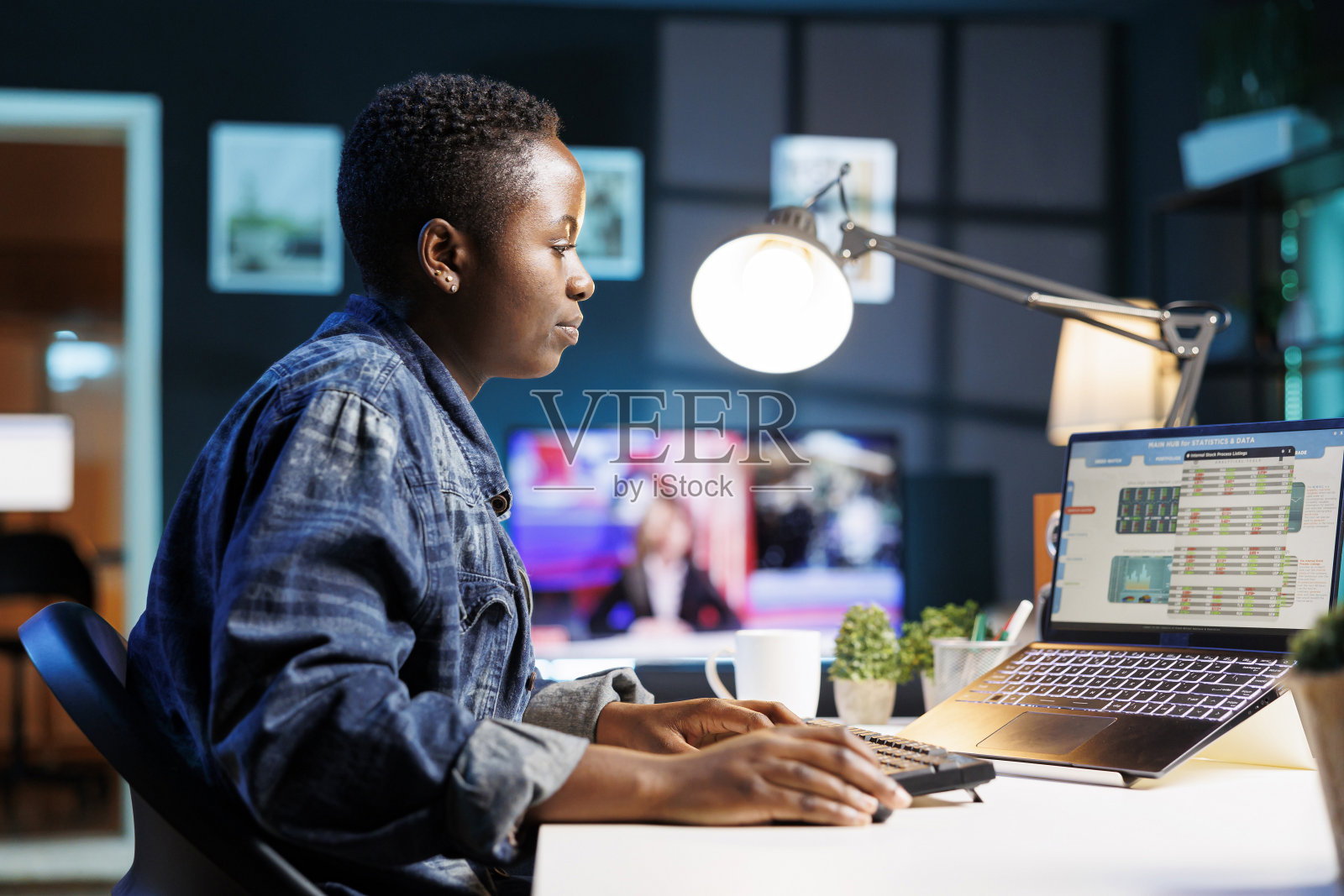 女士在笔记本电脑上查看股票图表照片摄影图片