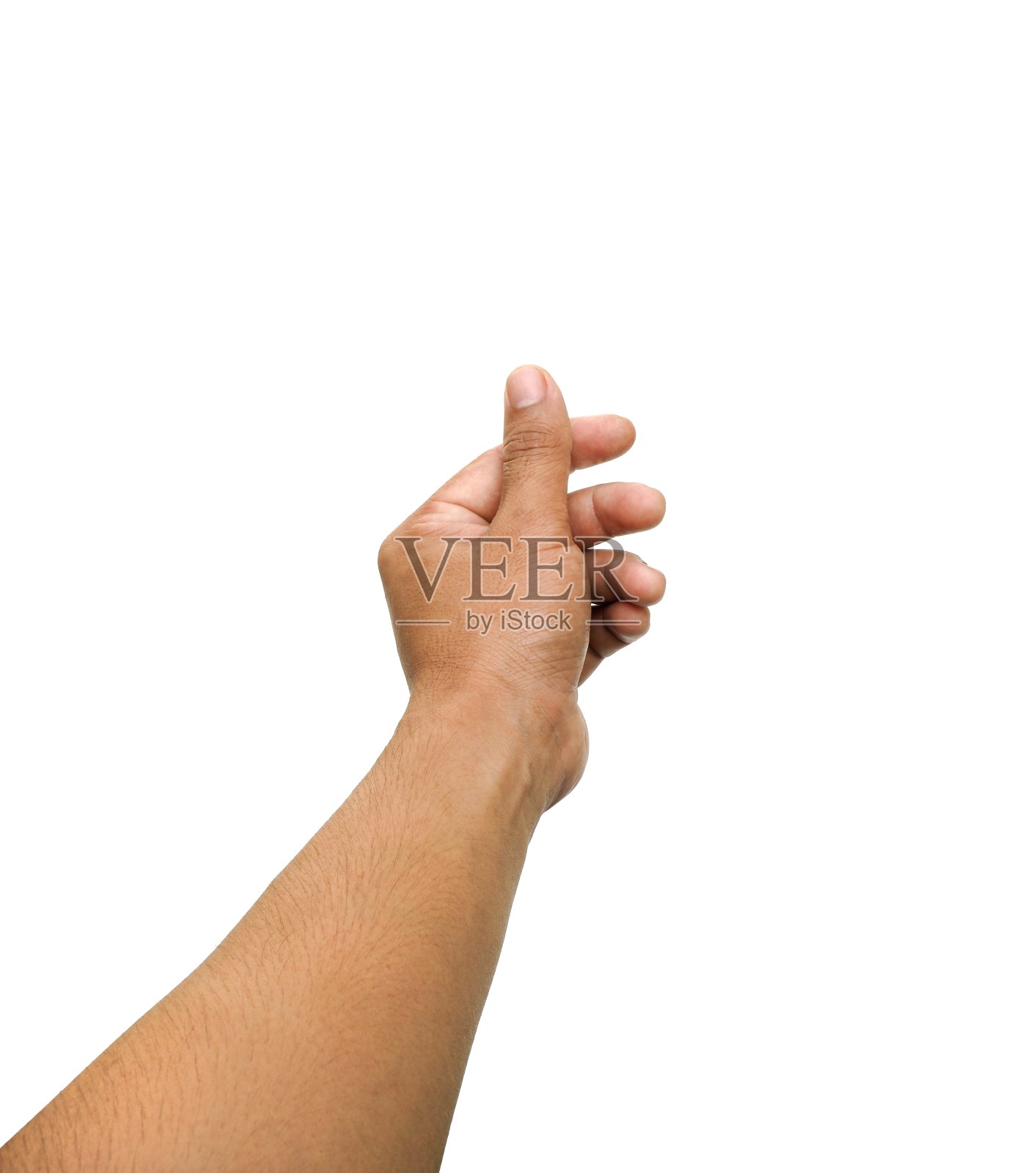 男性的手做出拿着名片或名片的手势。一些证件，身份证，护照，硬币，或者别的什么。孤立在白色背景上。照片摄影图片