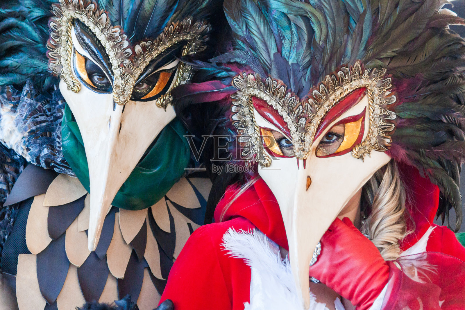 意大利威尼斯狂欢节上,一对穿着华丽礼服的情侣照片摄影图片