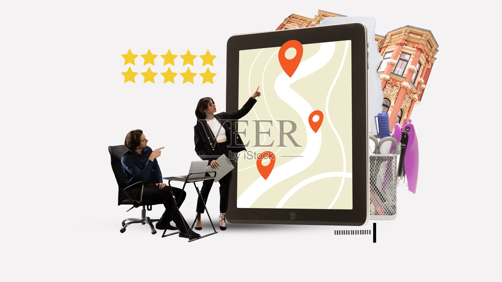 商人们，男人和女人看着电子桌面屏幕上的地图，讨论公司的位置。当代艺术拼贴。照片摄影图片