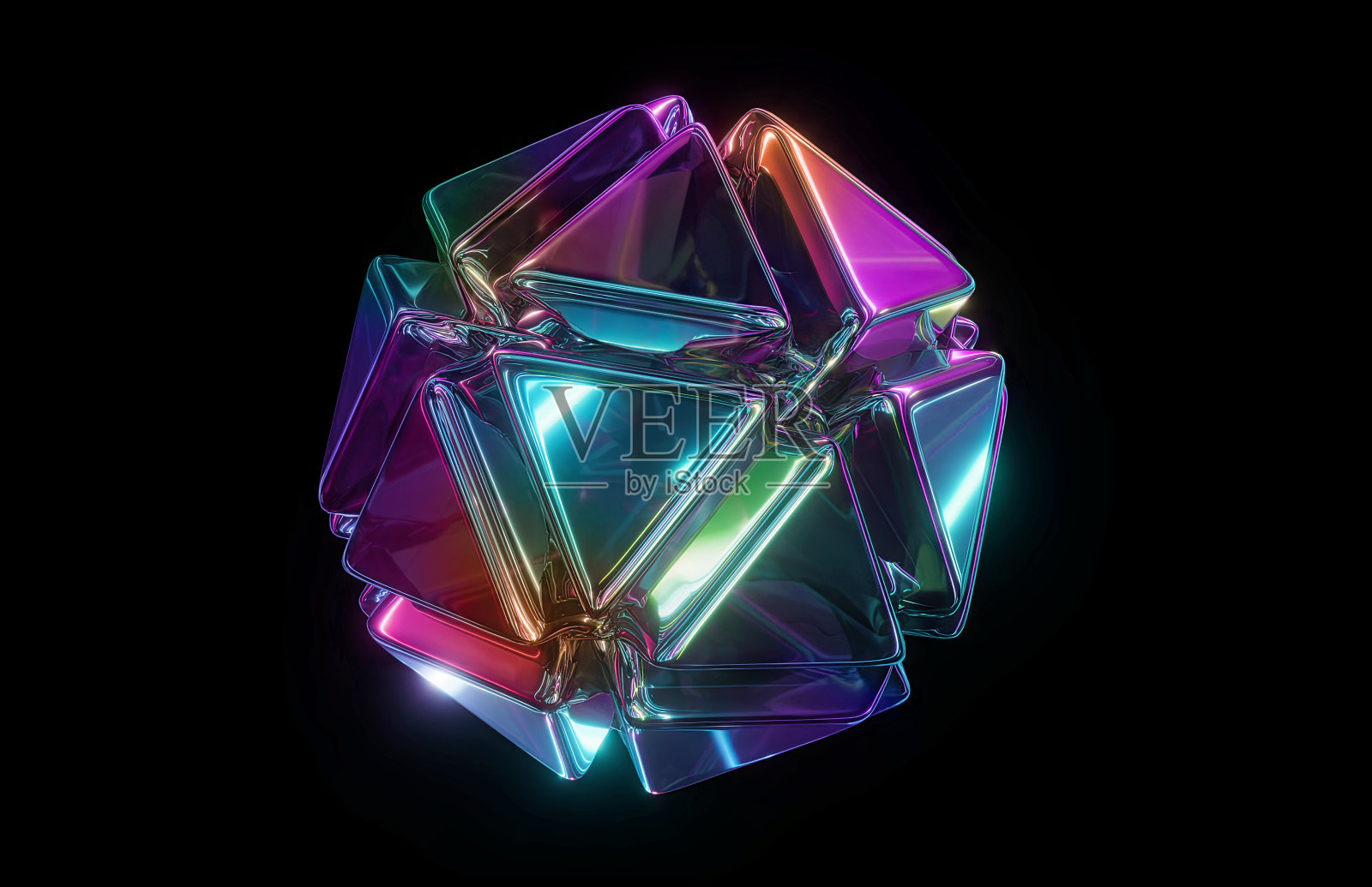 3 d渲染。彩虹多边形玻璃物体，全息晶体，反射充满活力的霓虹灯。奇妙的几何剪贴画孤立的黑色背景照片摄影图片