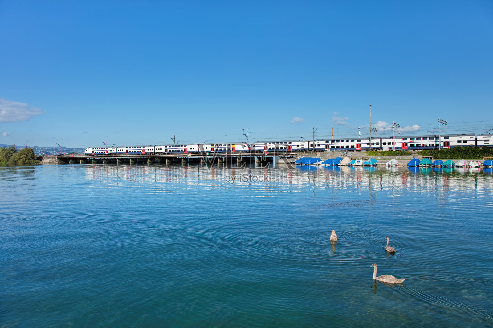 火车在rapperswill经过Seedamm照片摄影图片