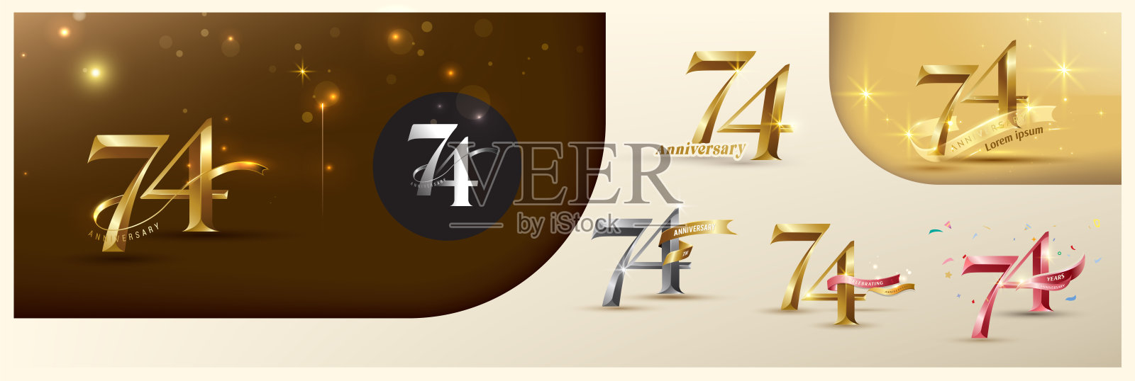 74周年纪念标志现代金色数字与闪亮的丝带。备选标志号码金周年庆典插画图片素材