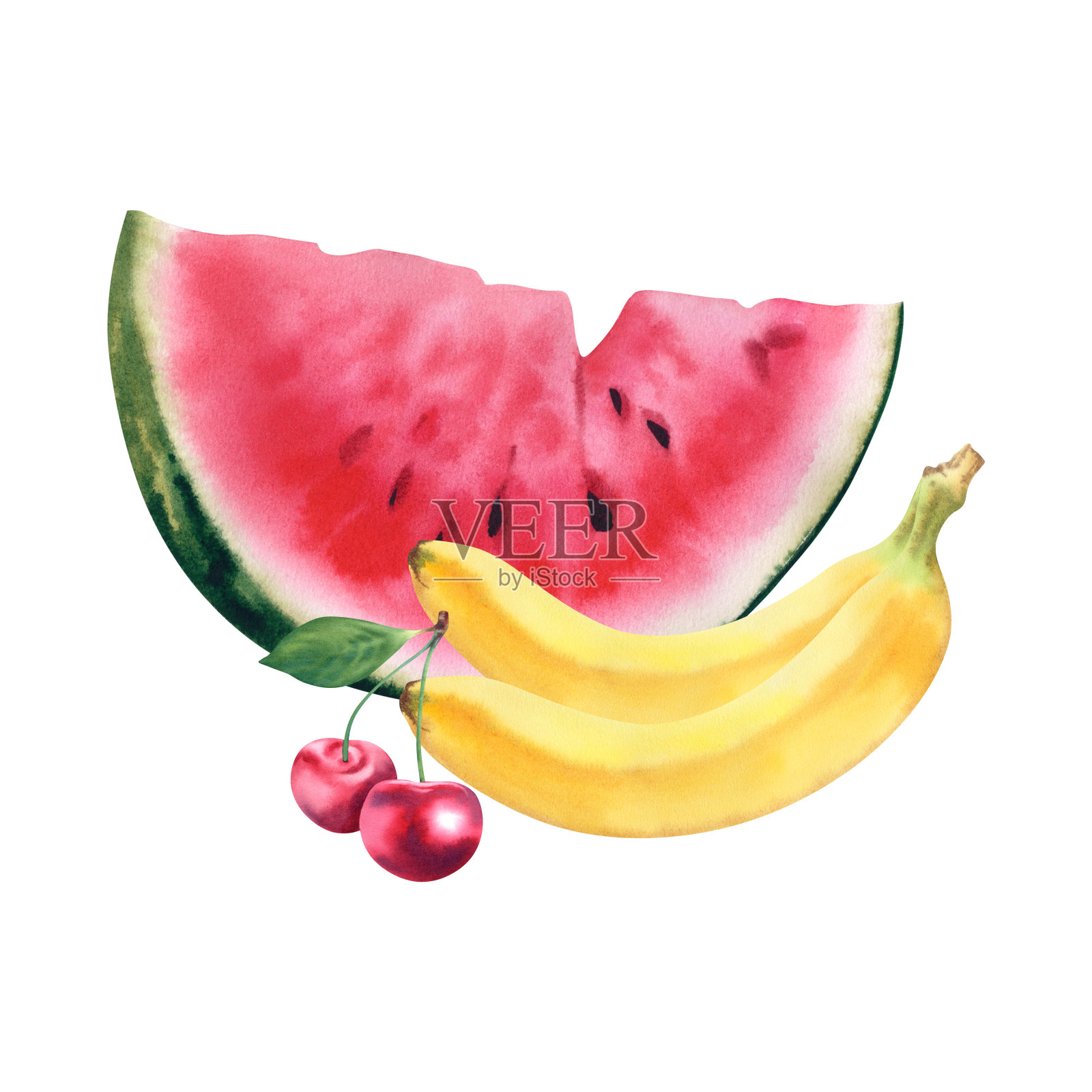 西瓜、香蕉和樱桃。一套水果。水彩植物手绘插图。多汁的热带水果装饰夏季酒吧。插画图片素材
