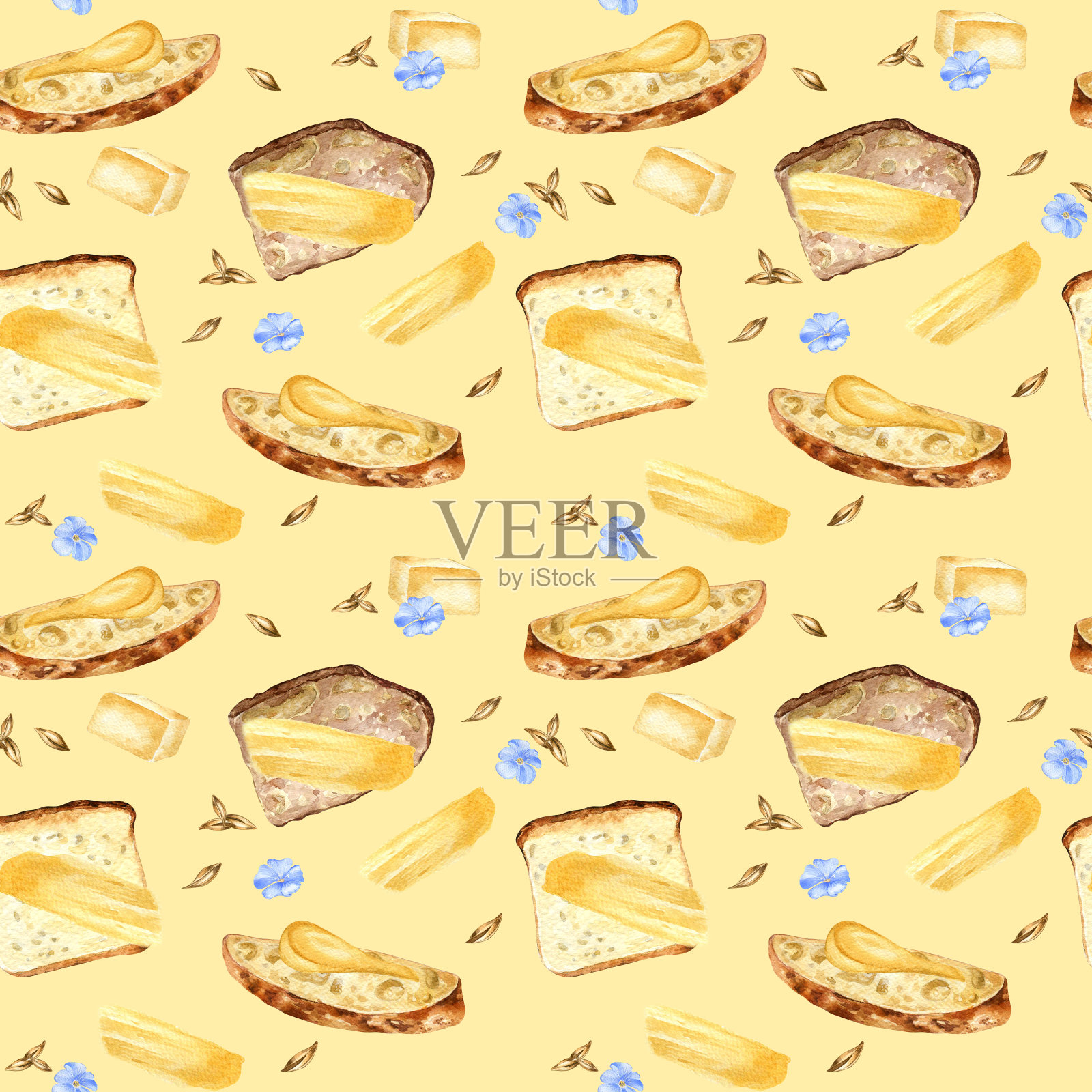 各种面包片和黄油在水彩无缝图案隔离在中性背景。切片混合面包涂黄油手绘草图包装，包装纸，面包店插画图片素材