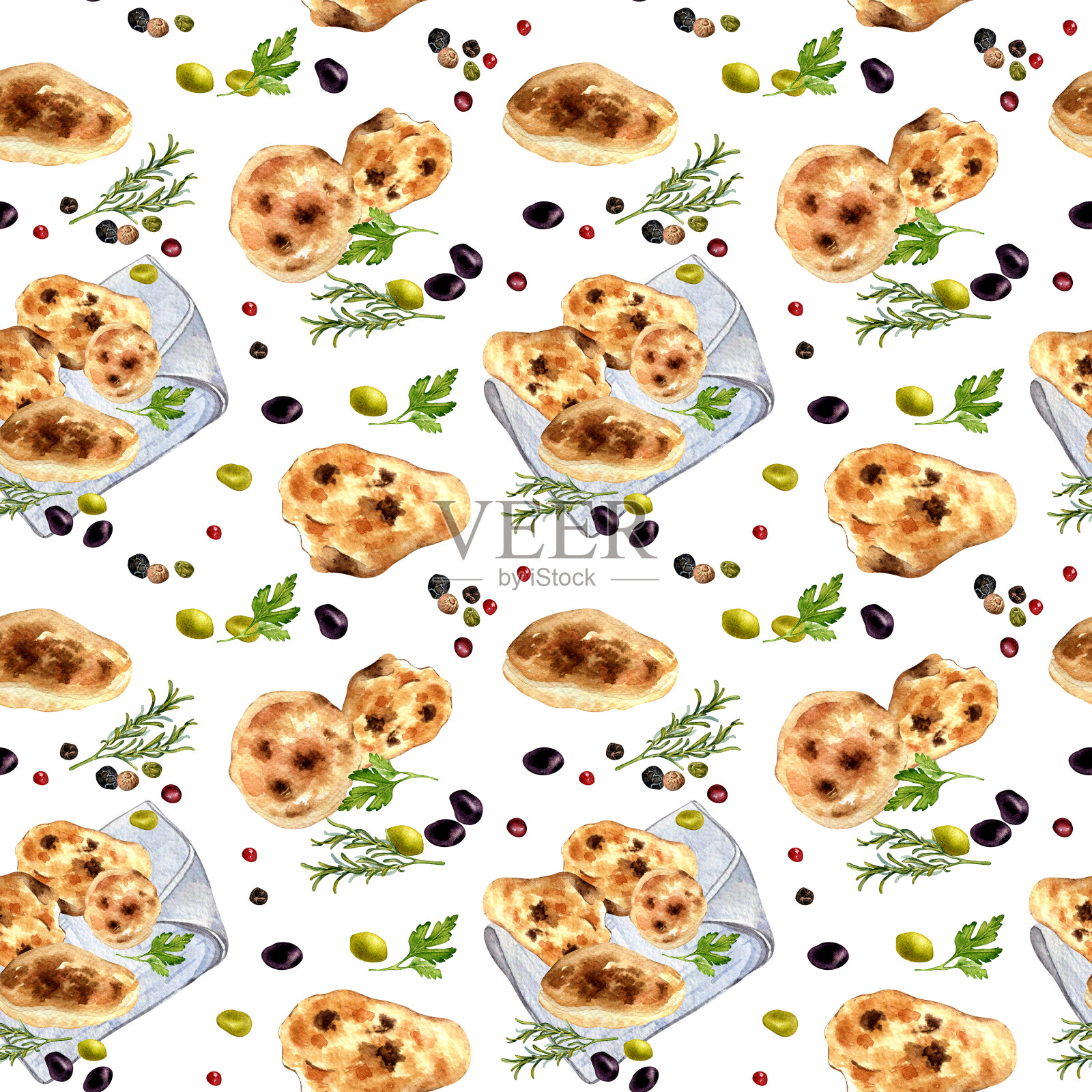 阿拉伯扁平面包在水彩无缝图案隔离在白色。皮塔饼放在棉餐巾上，还有橄榄和香草。手绘的印度烤饼。涂上面包的桌布用于包装、包装纸插画图片素材