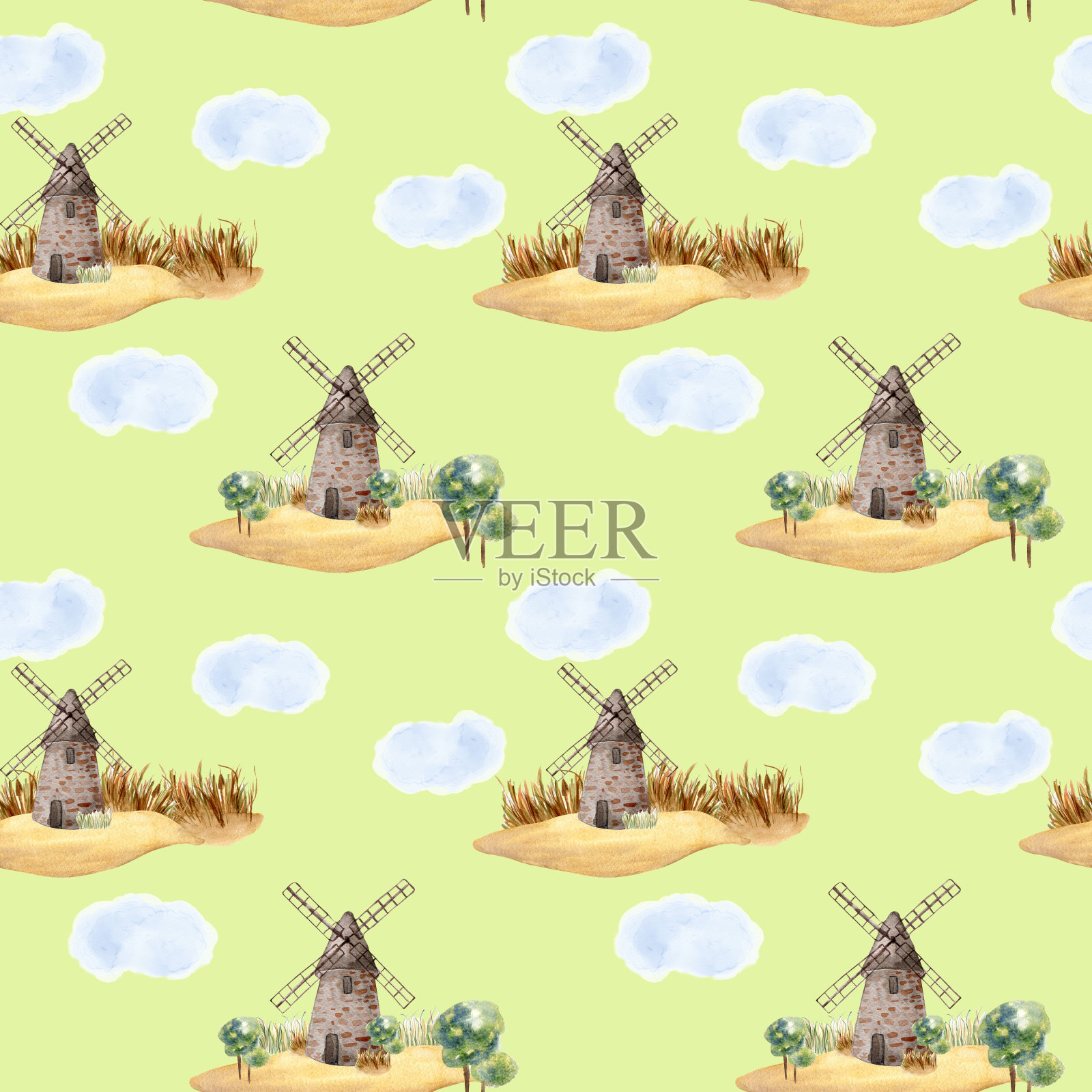 风车老式水彩无缝图案隔离在中性背景。农村制作面包的磨坊手绘素描。乡村景观设计包面包，面粉，杂货店，面包店插画图片素材