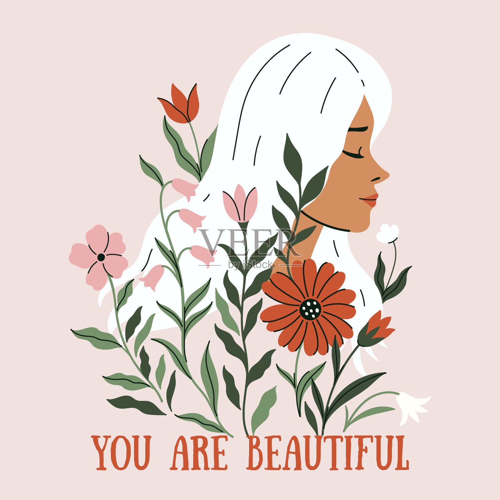 一个女孩手持鲜花的侧面肖像。矢量图形。插画图片素材