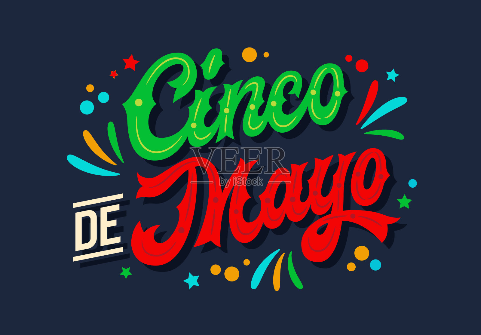 五月五日节，充满活力的文字在墨西哥国旗的颜色与平面五彩纸屑和风格化的烟花。理想的印刷设计元素，社交媒体，商品，节日装饰插画图片素材