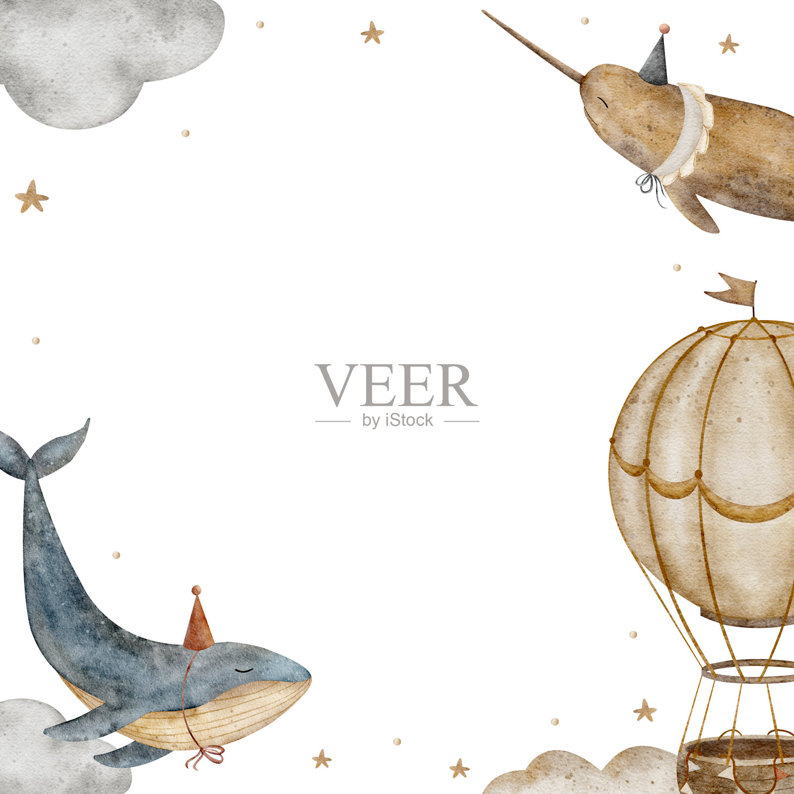 画框复古鲸鱼、独角鲸、抹香鲸在空中飞翔，用气球、云星星水彩孤立插图插画图片素材