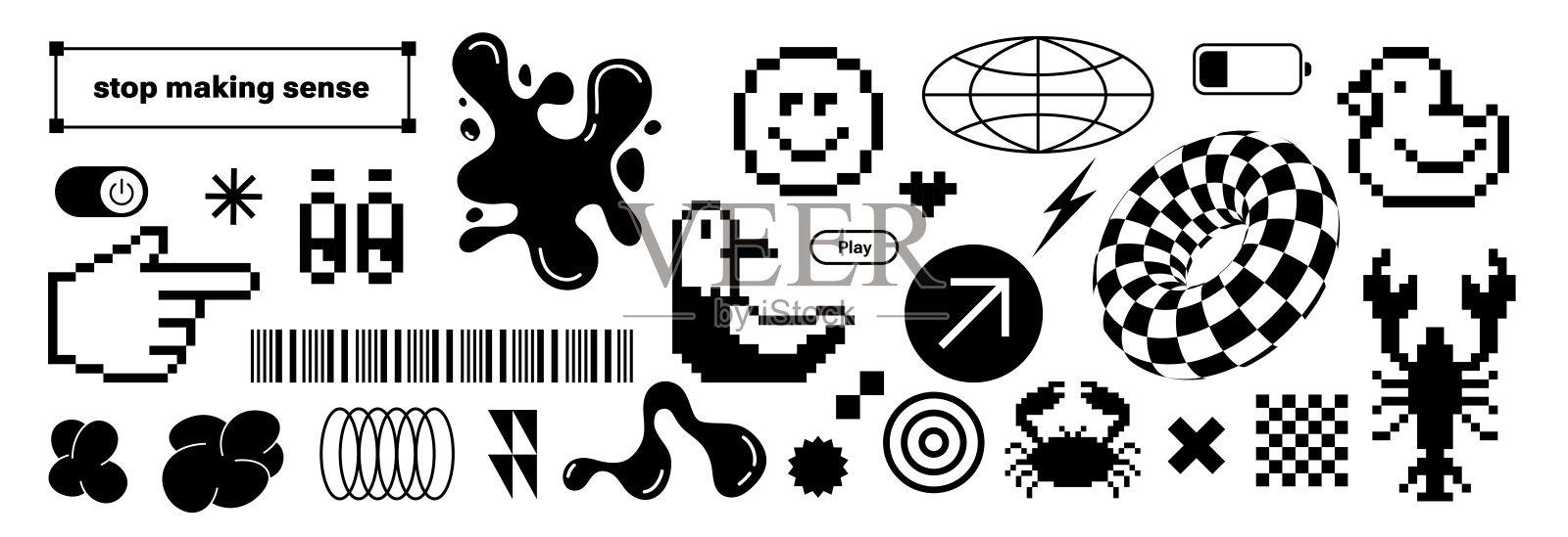 时尚复古贴纸Y2k。平面像素化设计。很酷的波普艺术元素。复古的元素。黑色和白色。时髦的排版。电子杂志的审美。矢量形状，复古的氛围。海鸥，鸭子，液体。插画图片素材