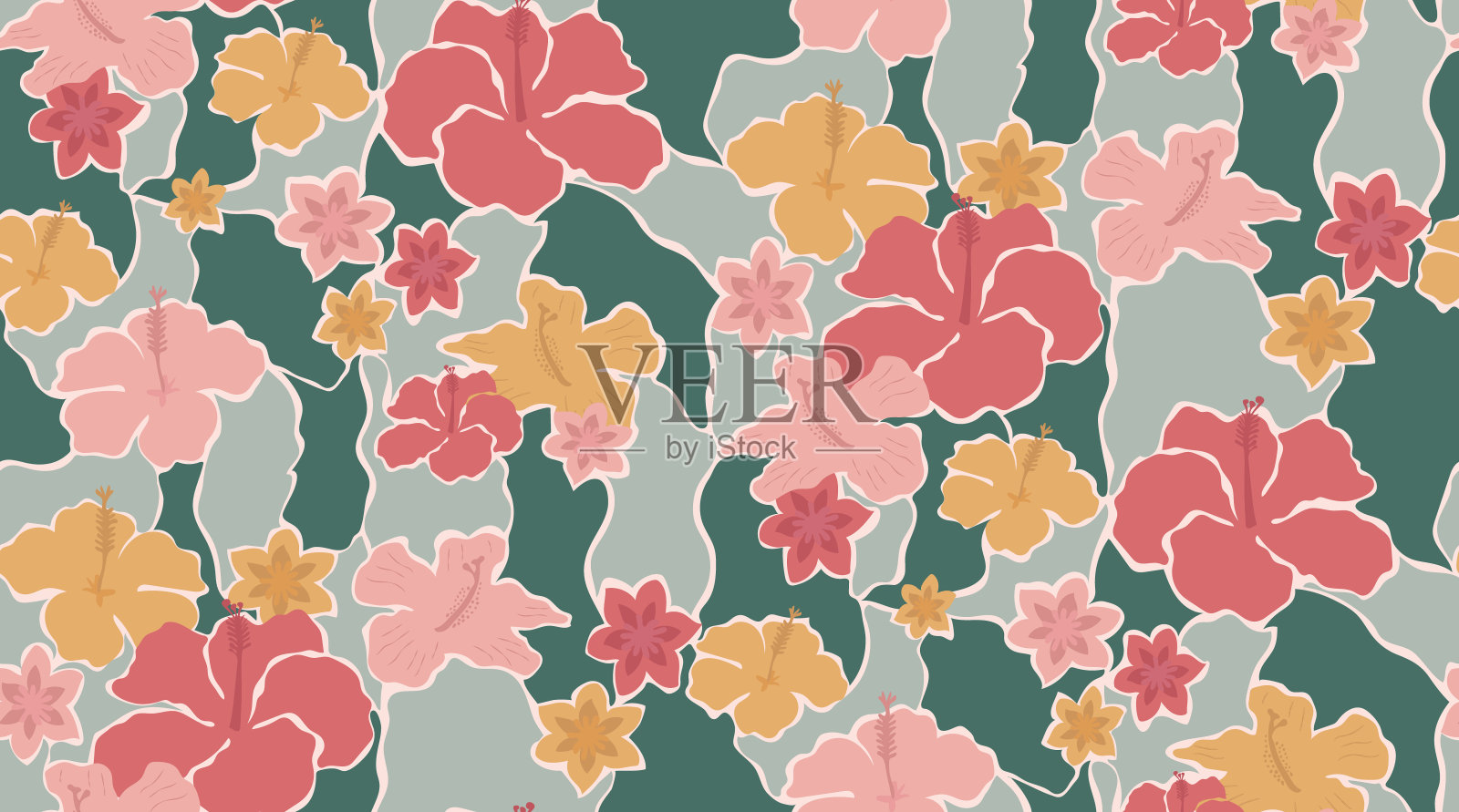 无缝的热带花朵和抽象的形状。矢量无缝图案的芙蓉花组成。审美当代纺织背景下的复古groovy风格。插画图片素材