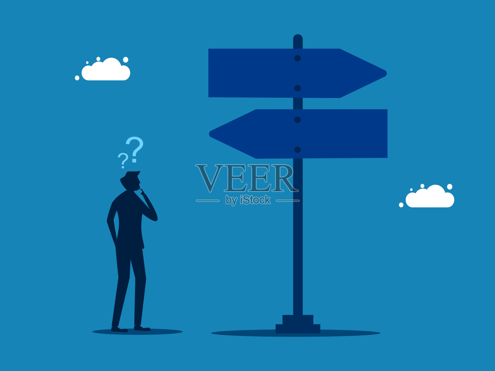 决定向左还是向右。商人的思考带着问号。选择两个方向标志插画图片素材