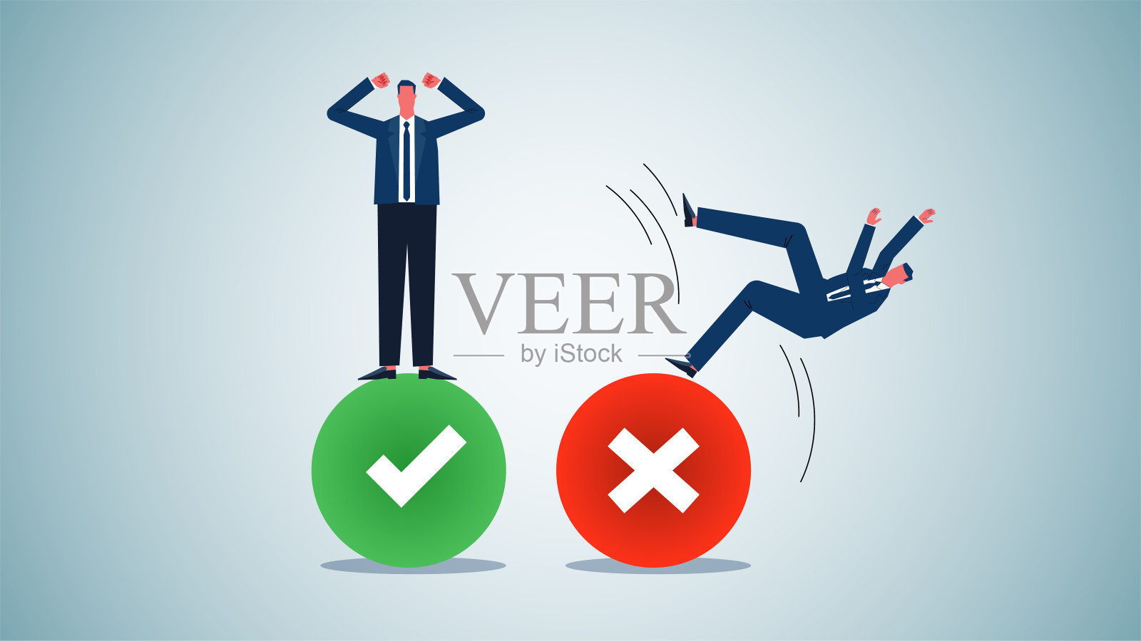 选择与淘汰，对与错，赞成与反对，积极与消极，站立的商人和堕落的商人在重新选择的标记上插画图片素材