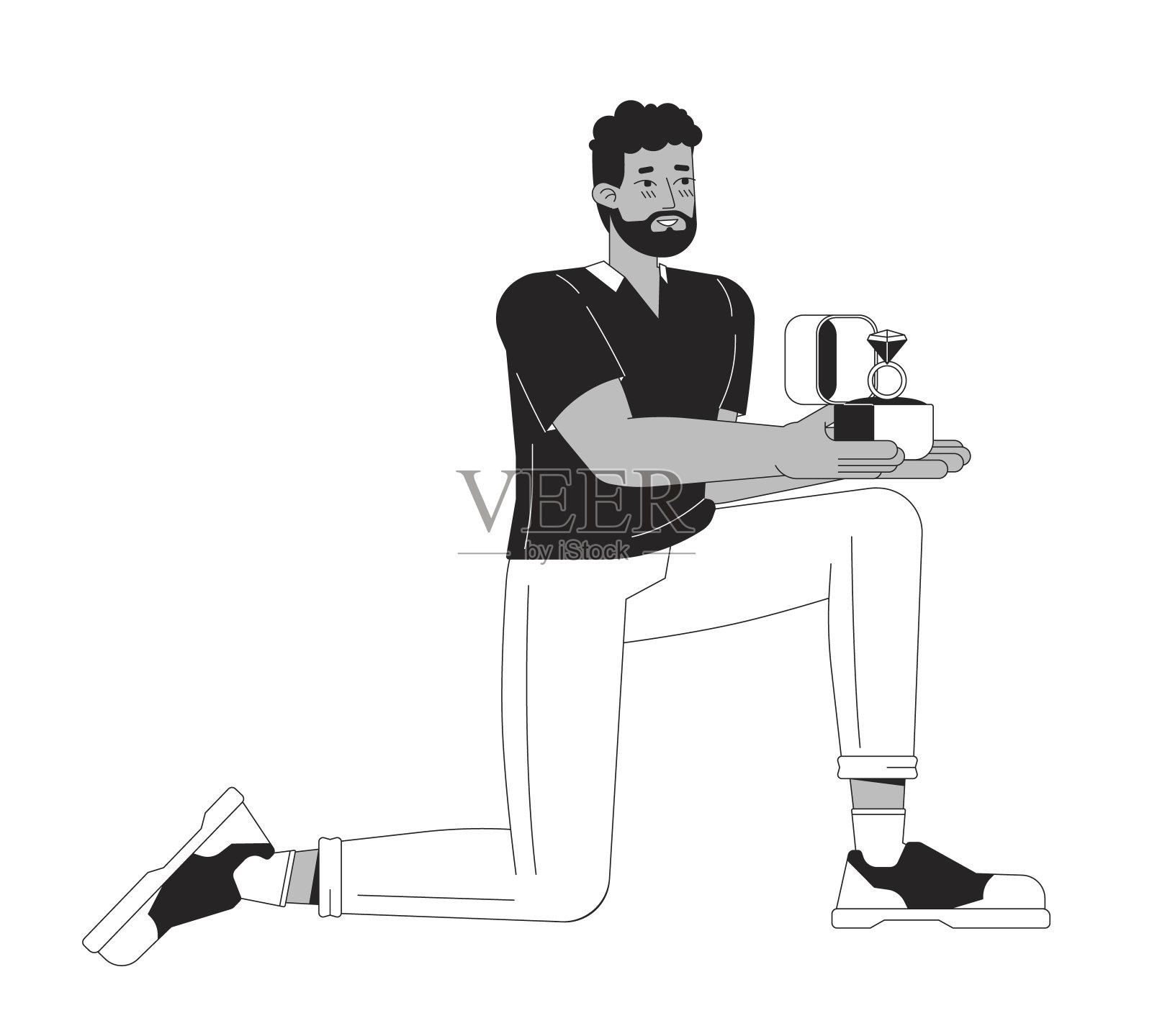 非裔美国人向黑白2D卡通人物求婚插画图片素材