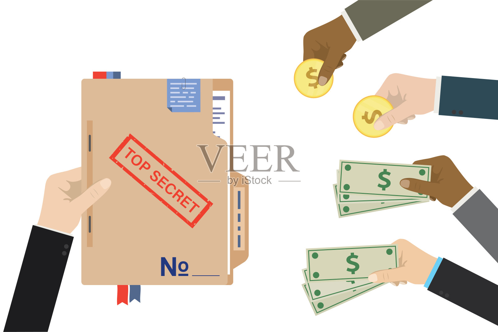 卖家手出绝密报告，各种间谍买家持有现金。支付机密信息、非法交易、贿赂和腐败。间谍组织窃取政府机密。插画图片素材