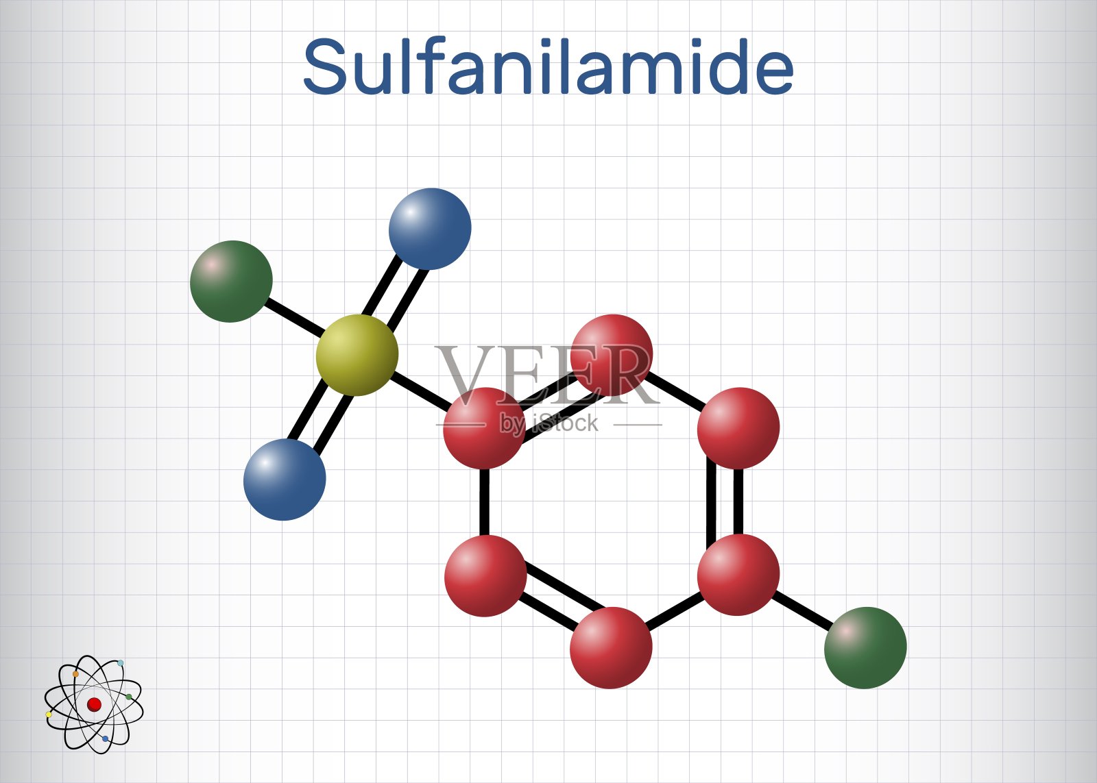 磺胺，磺胺分子。它是抗菌药物。分子模型。笼子里的一张纸插画图片素材