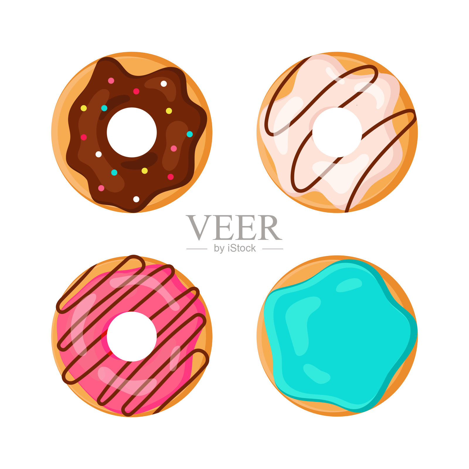 一套甜甜圈与釉和糖屑。巧克力，草莓，香草和薄荷釉的甜糕点系列。明亮的平面甜甜圈。俯视图插画图片素材