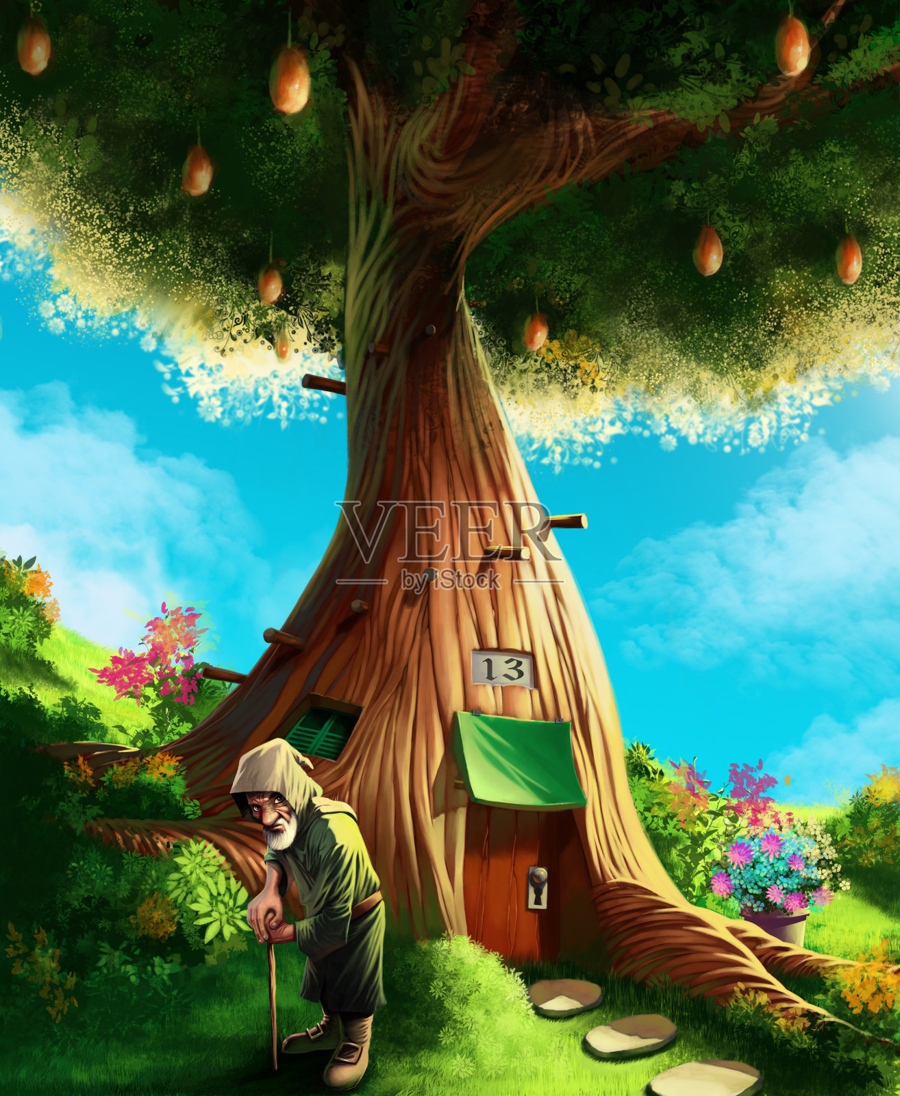一个矮人站在他的树屋前插画图片素材