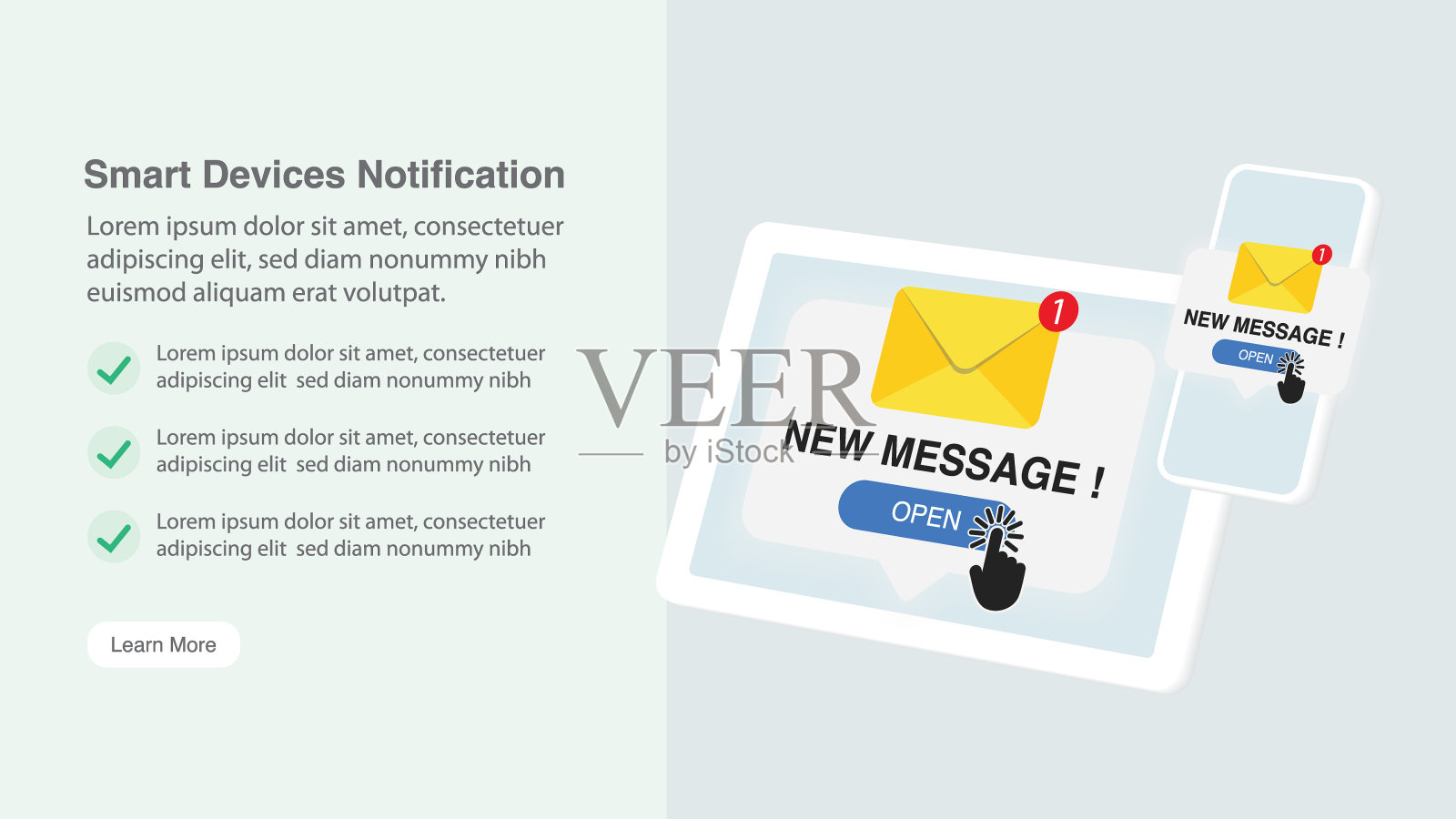 笔记本电脑，平板电脑和智能手机的模型与新的消息通知概念。新的消息提醒和弹出。接收和打开的消息和电子邮件。向量。插画图片素材