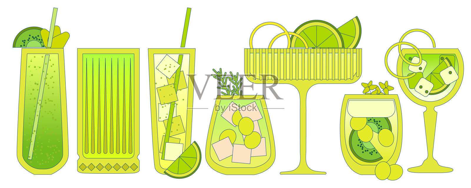 绿色鸡尾酒套装。玛格丽塔。冰沙。含酒精的饮料。平面矢量，梯度插画图片素材