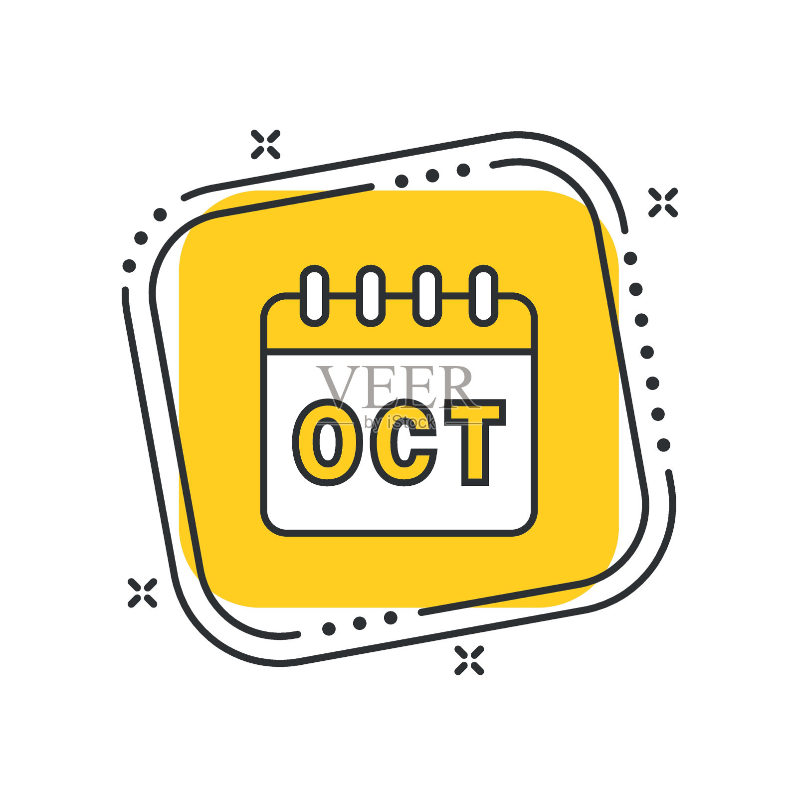 卡通月历图标矢量插图。十月，孤立的黄色方形背景。日历叶符号概念。插画图片素材