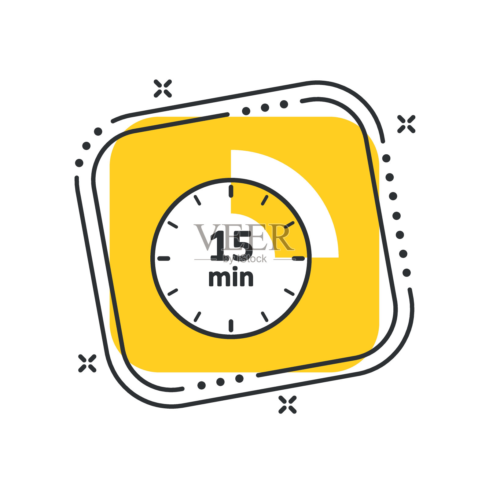卡通Ñ `锁图标矢量插图。计时器标志15分钟在孤立的黄色方形背景。倒计时标志概念。插画图片素材