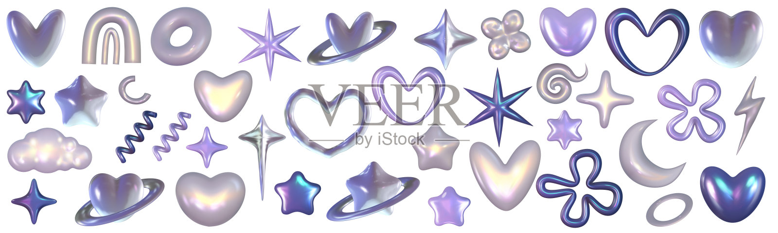 铬3d设置金属元素。心，星和花全息形状。3d铬矢量未来和90年代的设计插画图片素材