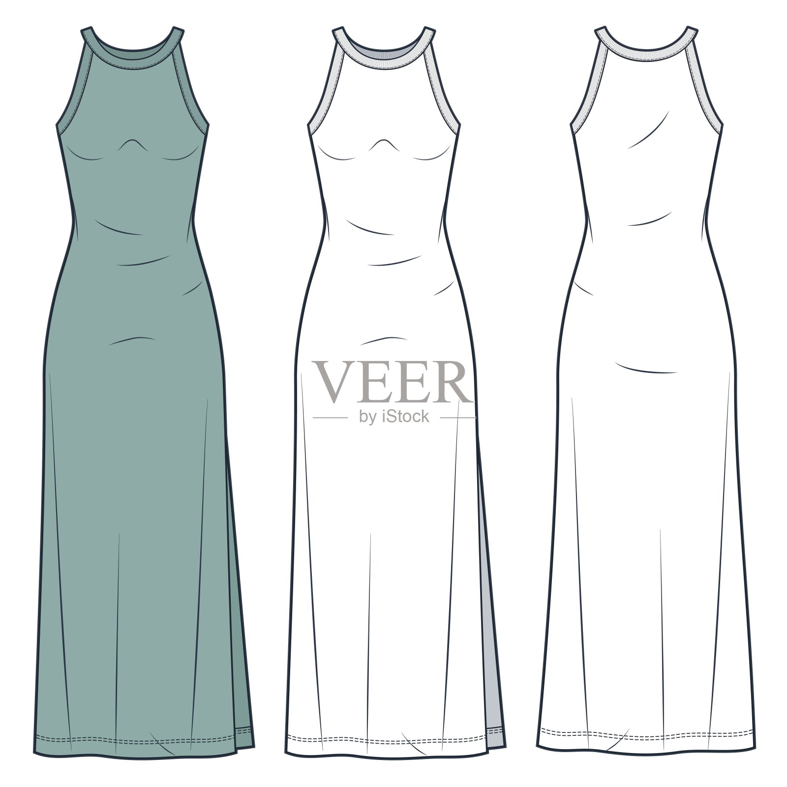 背心裙技术时尚插图。女装及地长裙时尚平面技术图纸模板，船员领口，绑带，侧开衩，前后视图，白色，绿色，女装CAD模型集。插画图片素材