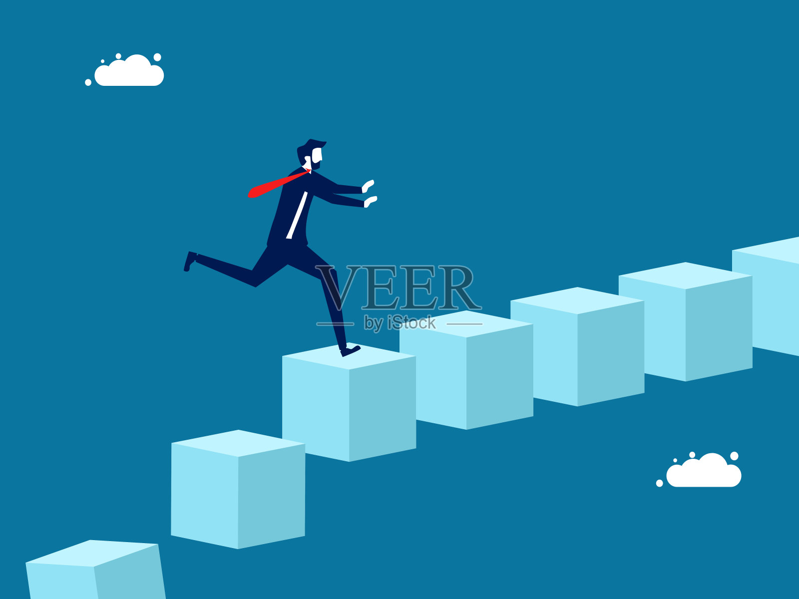 走出危机。一个商人跑在一个即将倒塌的方形街区上插画图片素材