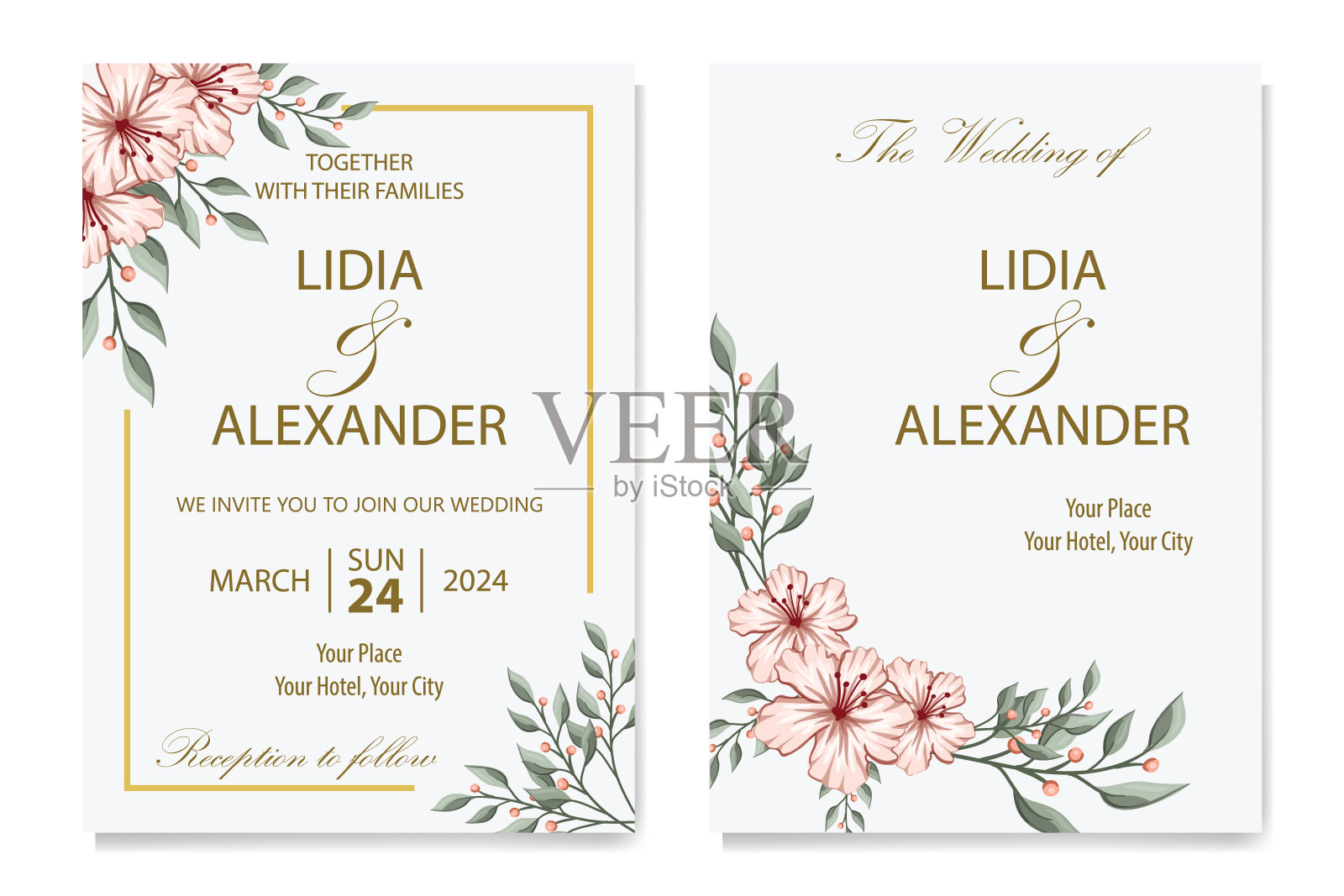 装饰花卉叶片装饰的婚礼邀请插画图片素材