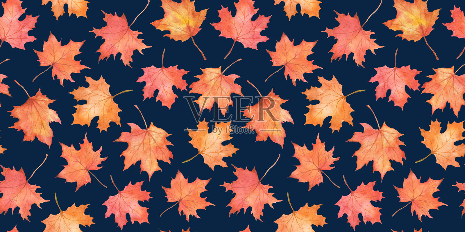 水彩无缝图案与秋天的落叶在深蓝色的背景。秋天的橘黄色枫叶插画图片素材