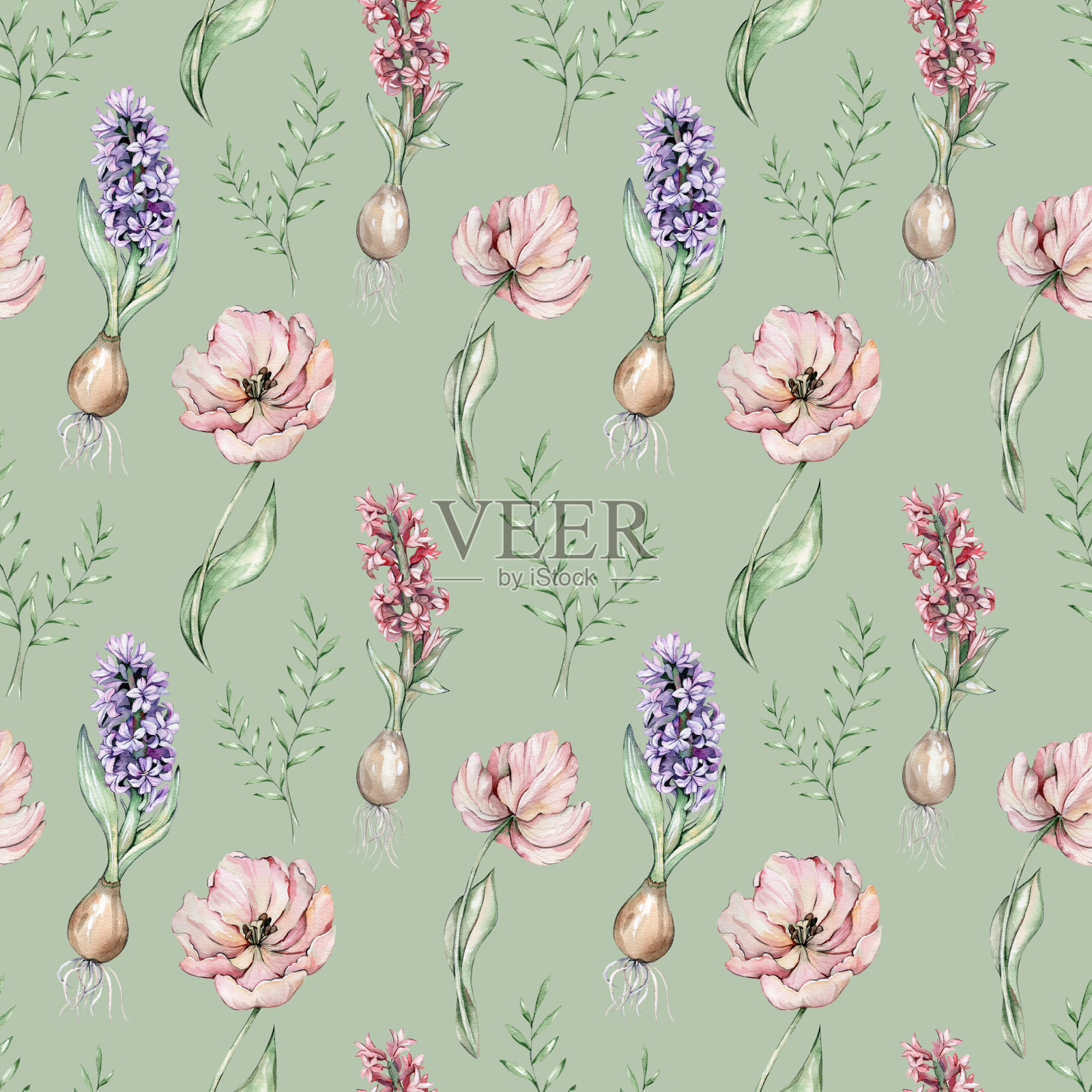 无缝图案与水彩花插画图片素材