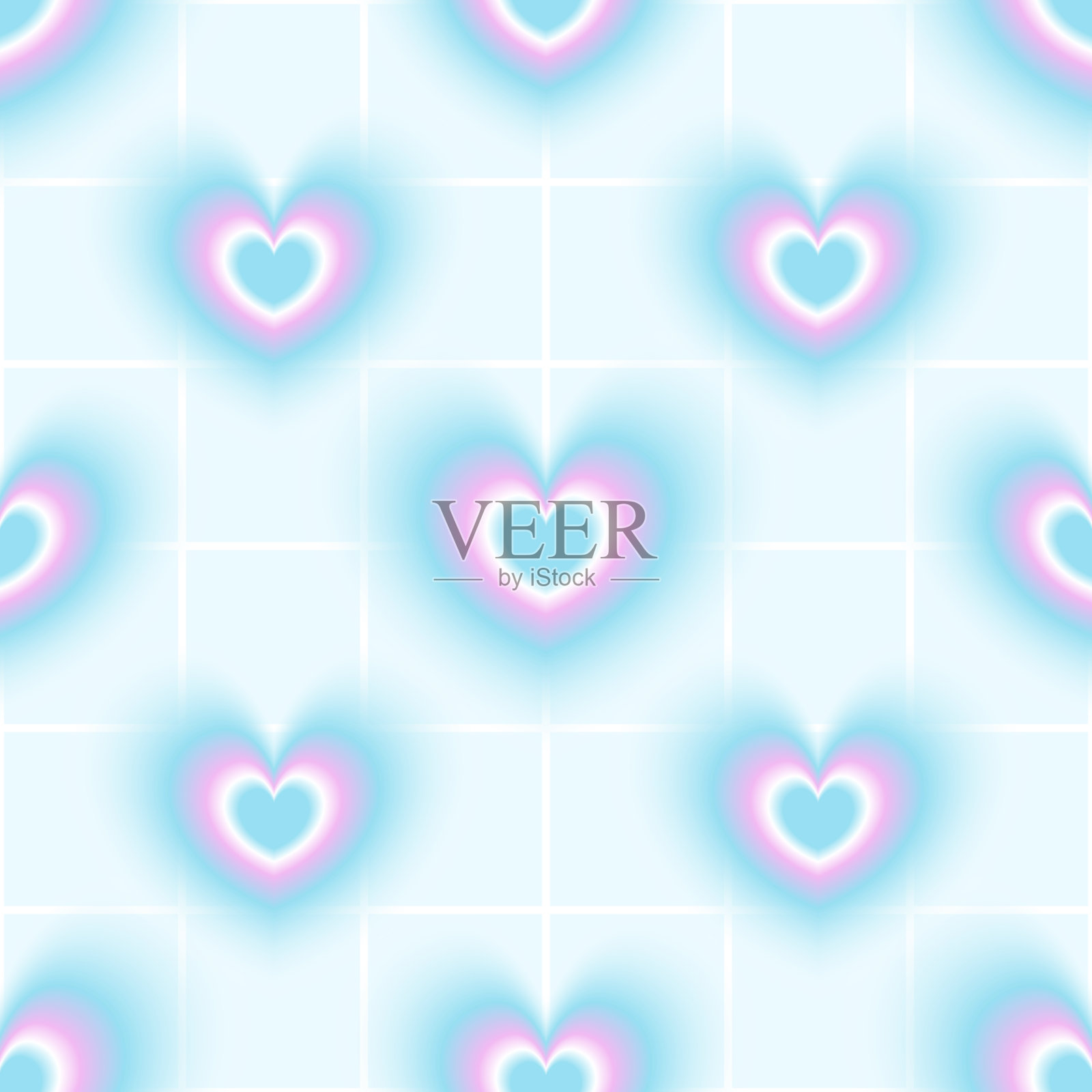 Y2K美学网格无缝图案与模糊的心。时髦的抽象蓝色和粉红色渐变背景。插画图片素材