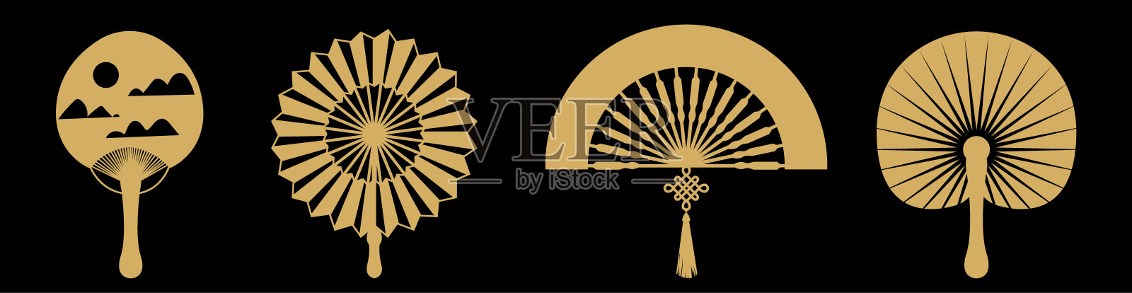 纸风扇。金色的轮廓。东方折页纪念品。日本或中国的配件。亚洲模式。冷却手持对象。东方传统文化。矢量装饰元素集插画图片素材