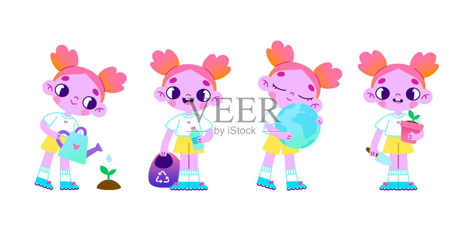 卡通生态志愿者字符集。载体环境护理收集与可爱的孩子。插画图片素材